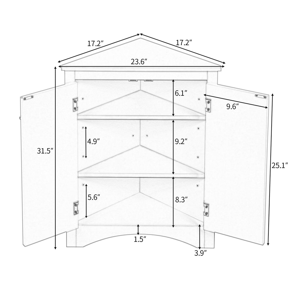 Triangle Corner Bathroom Cabinet with Adjustable Shelves and Brushed Nickel Knobs
