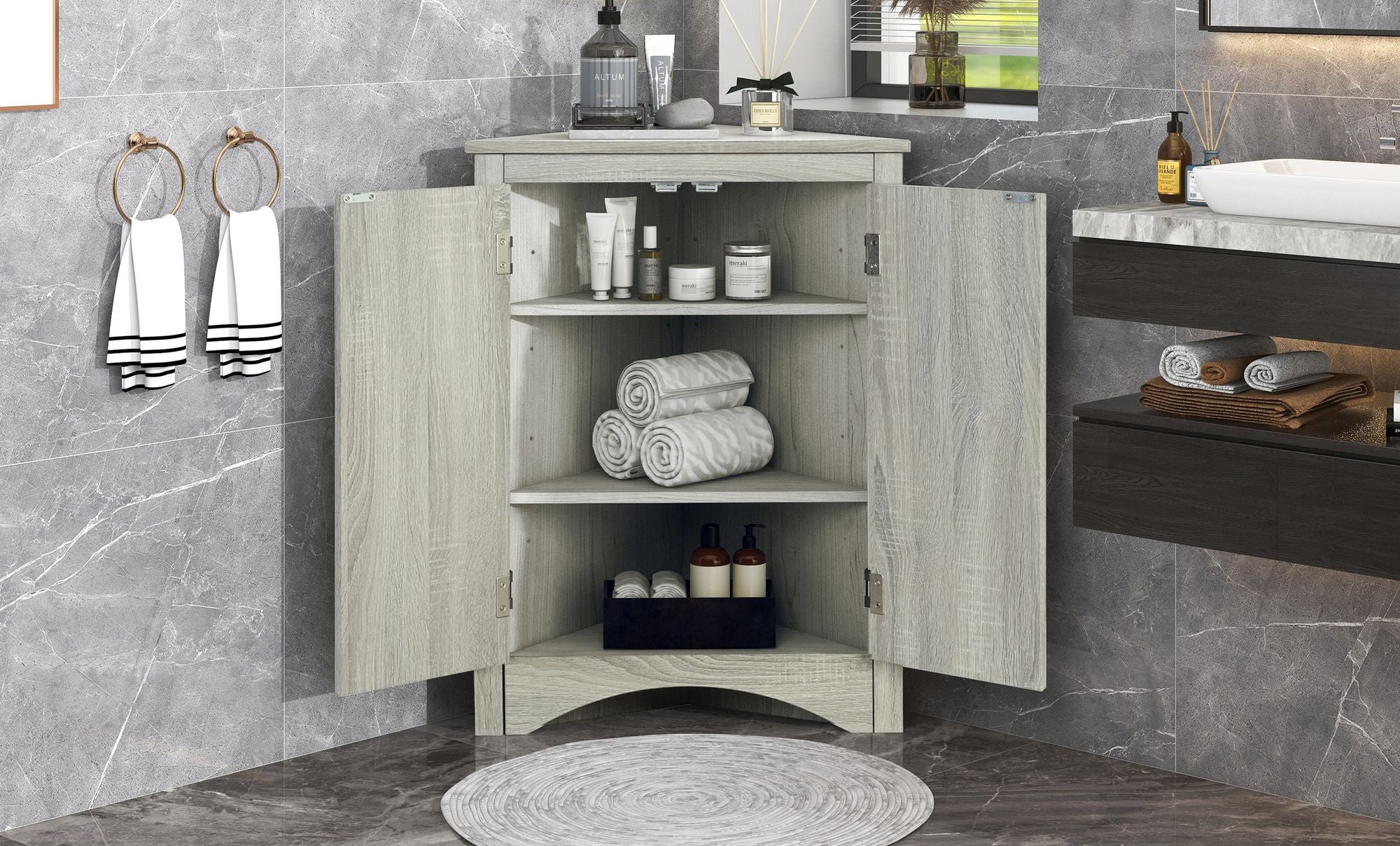Triangle Corner Bathroom Cabinet with Adjustable Shelves and Brushed Nickel Knobs