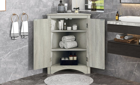 Triangle Corner Bathroom Cabinet with Adjustable Shelves and Brushed Nickel Knobs