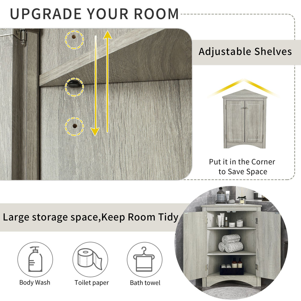 Triangle Corner Bathroom Cabinet with Adjustable Shelves and Brushed Nickel Knobs