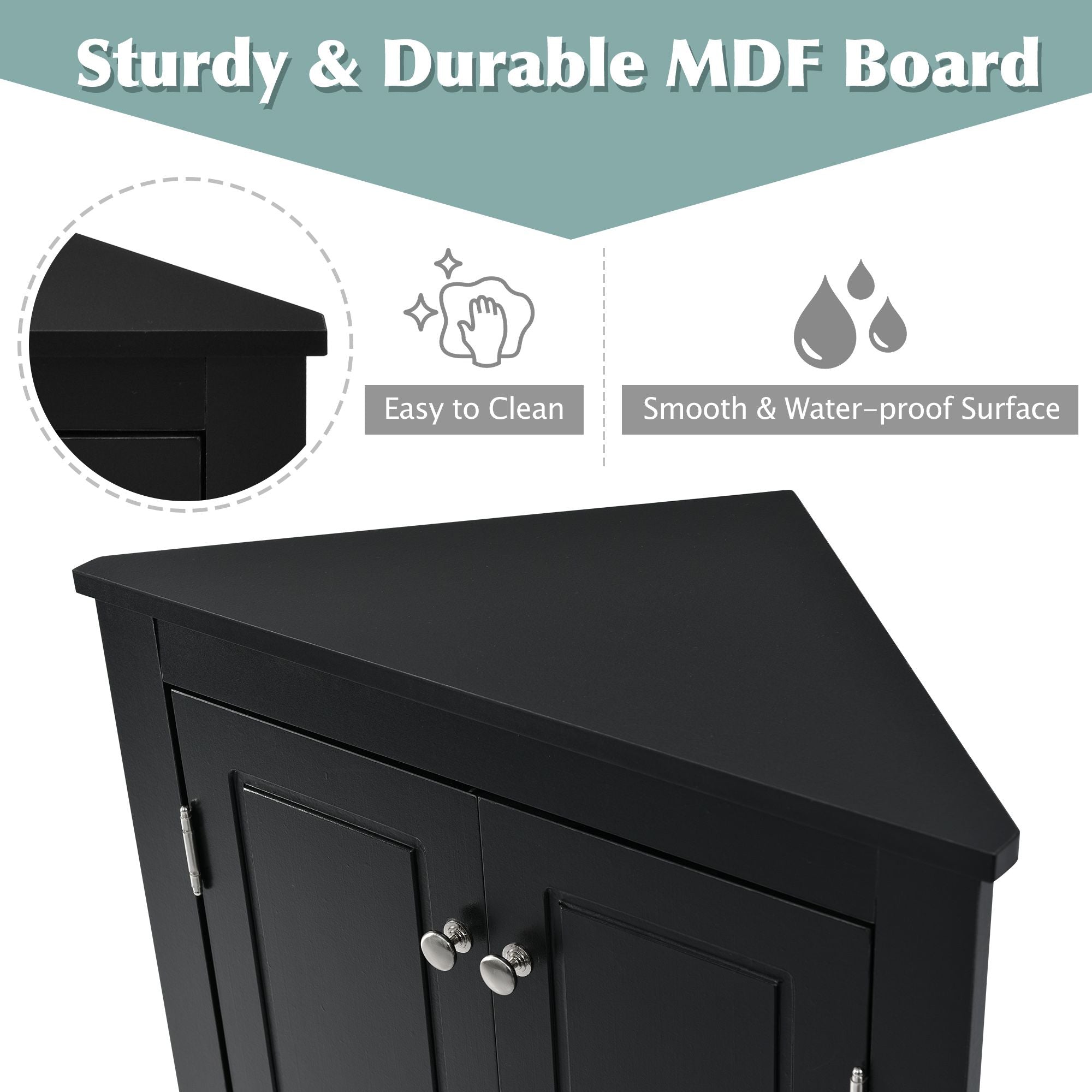 Triangle Corner Bathroom Cabinet with Adjustable Shelves and Brushed Nickel Knobs