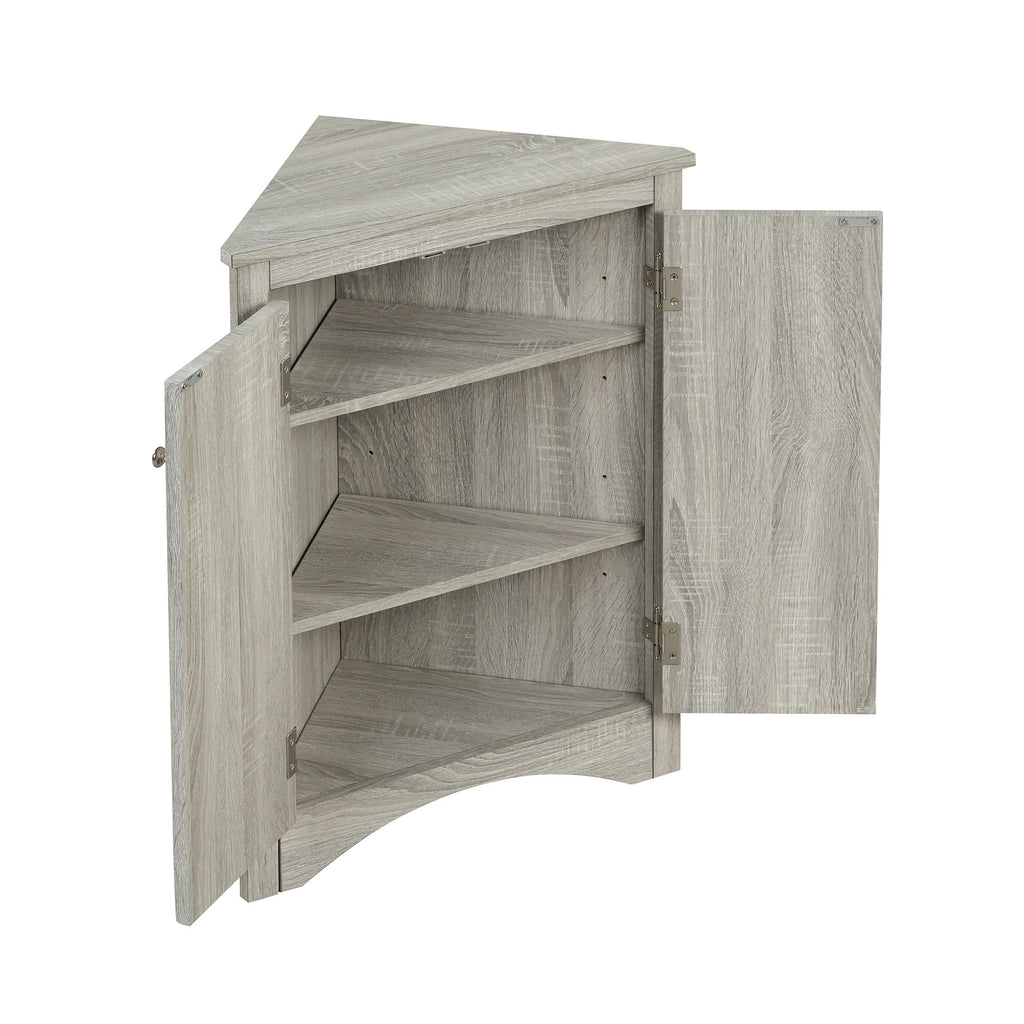 Triangle Corner Bathroom Cabinet with Adjustable Shelves and Brushed Nickel Knobs