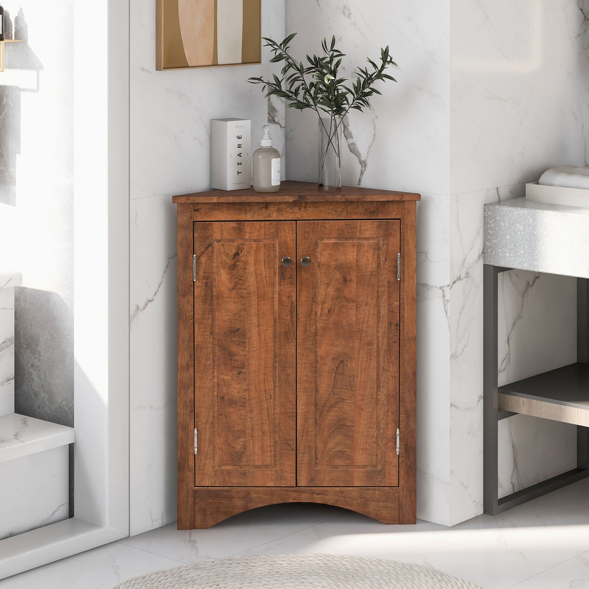 Triangle Bathroom Storage Cabinet with Adjustable Shelves – Freestanding Corner Cabinet - Brown