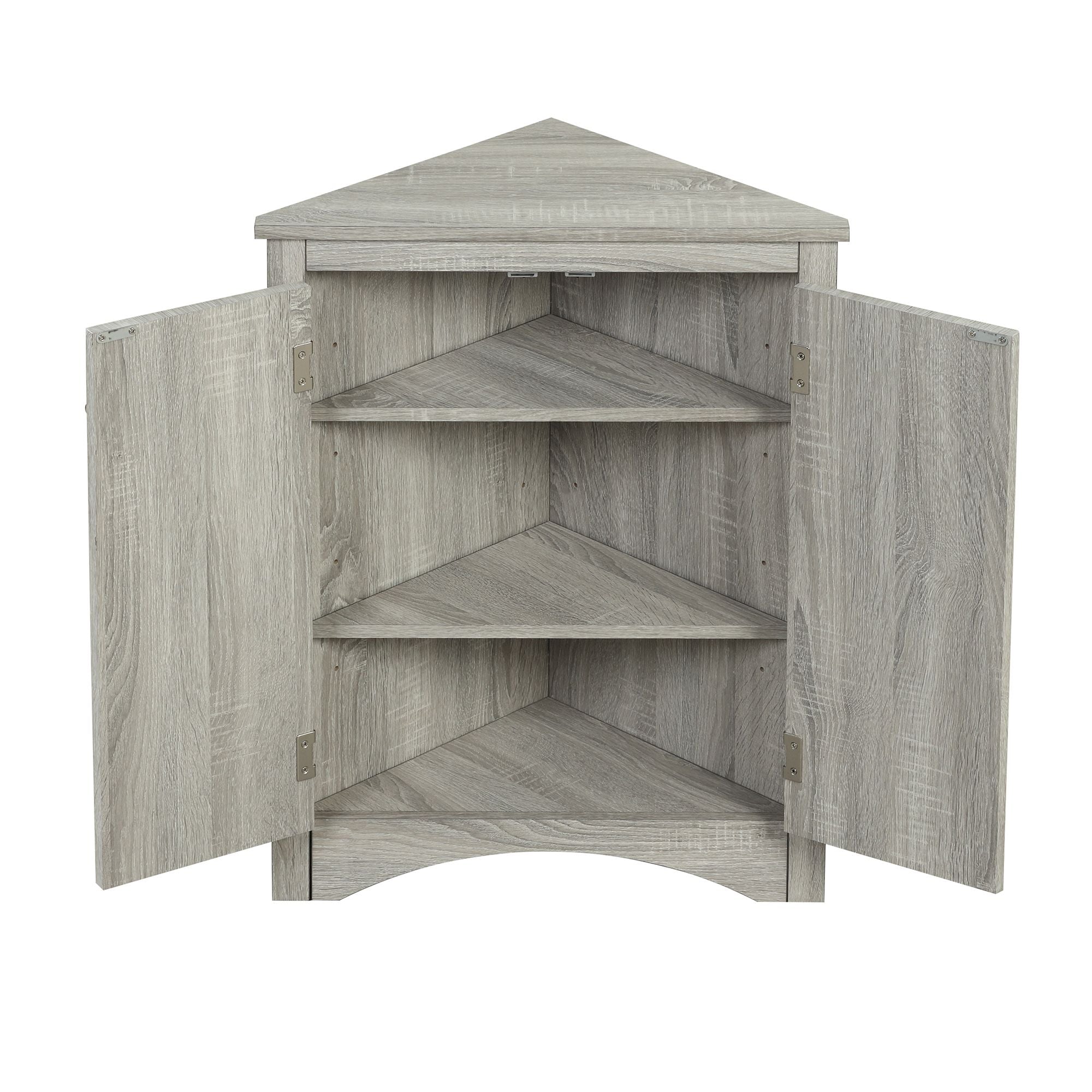 Triangle Corner Bathroom Cabinet with Adjustable Shelves and Brushed Nickel Knobs