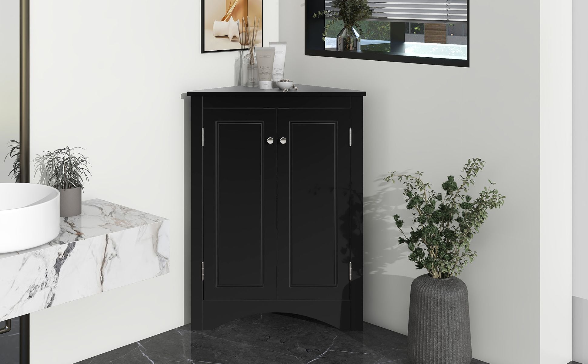 Triangle Corner Bathroom Cabinet with Adjustable Shelves and Brushed Nickel Knobs