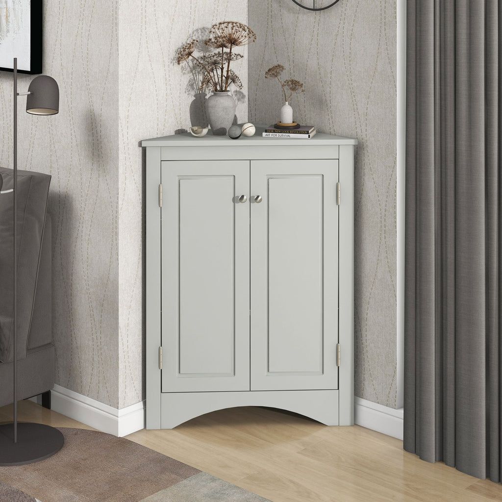 Triangle Corner Bathroom Cabinet with Adjustable Shelves and Brushed Nickel Knobs