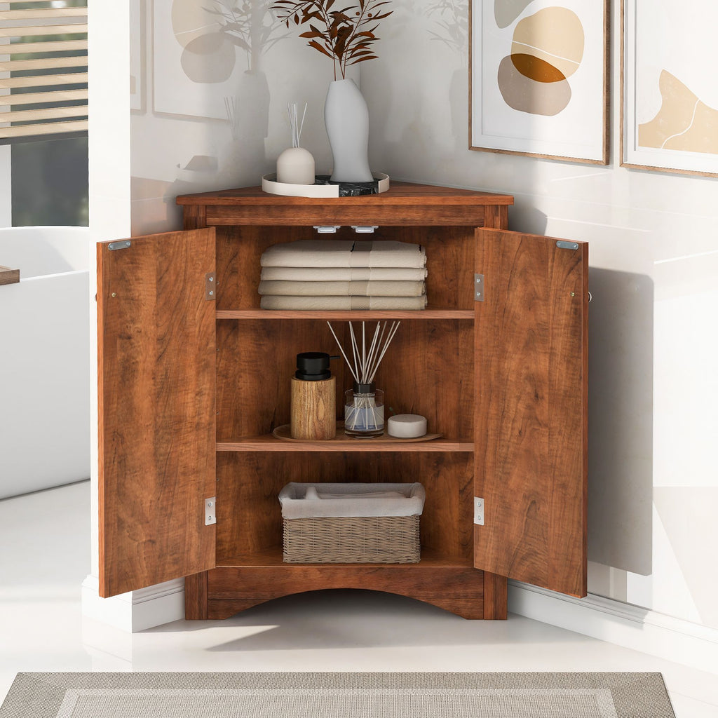 Triangle Corner Bathroom Cabinet with Adjustable Shelves and Brushed Nickel Knobs