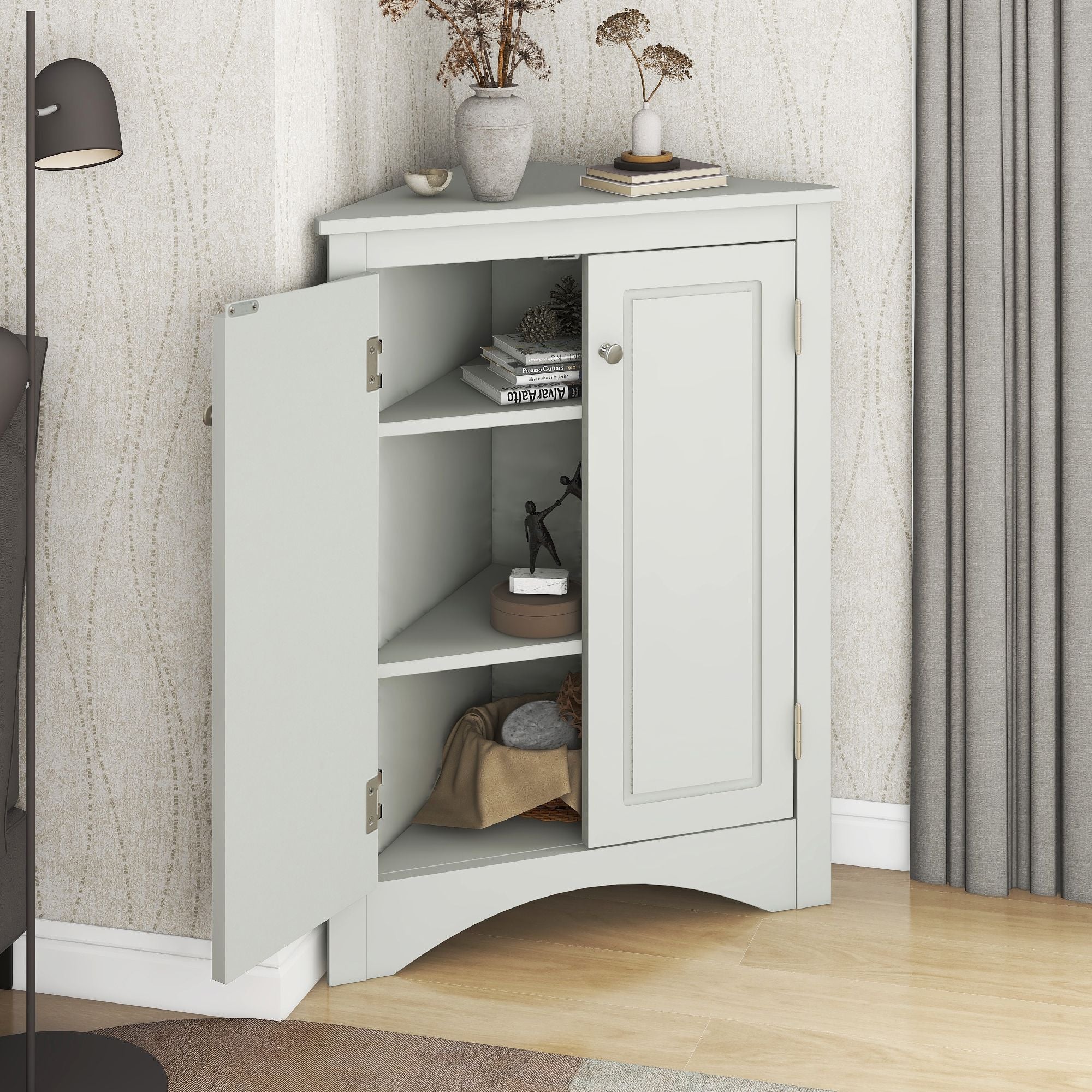 Triangle Corner Bathroom Cabinet with Adjustable Shelves and Brushed Nickel Knobs
