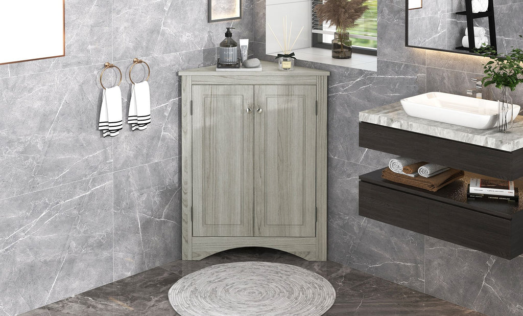 Triangle Corner Bathroom Cabinet with Adjustable Shelves and Brushed Nickel Knobs