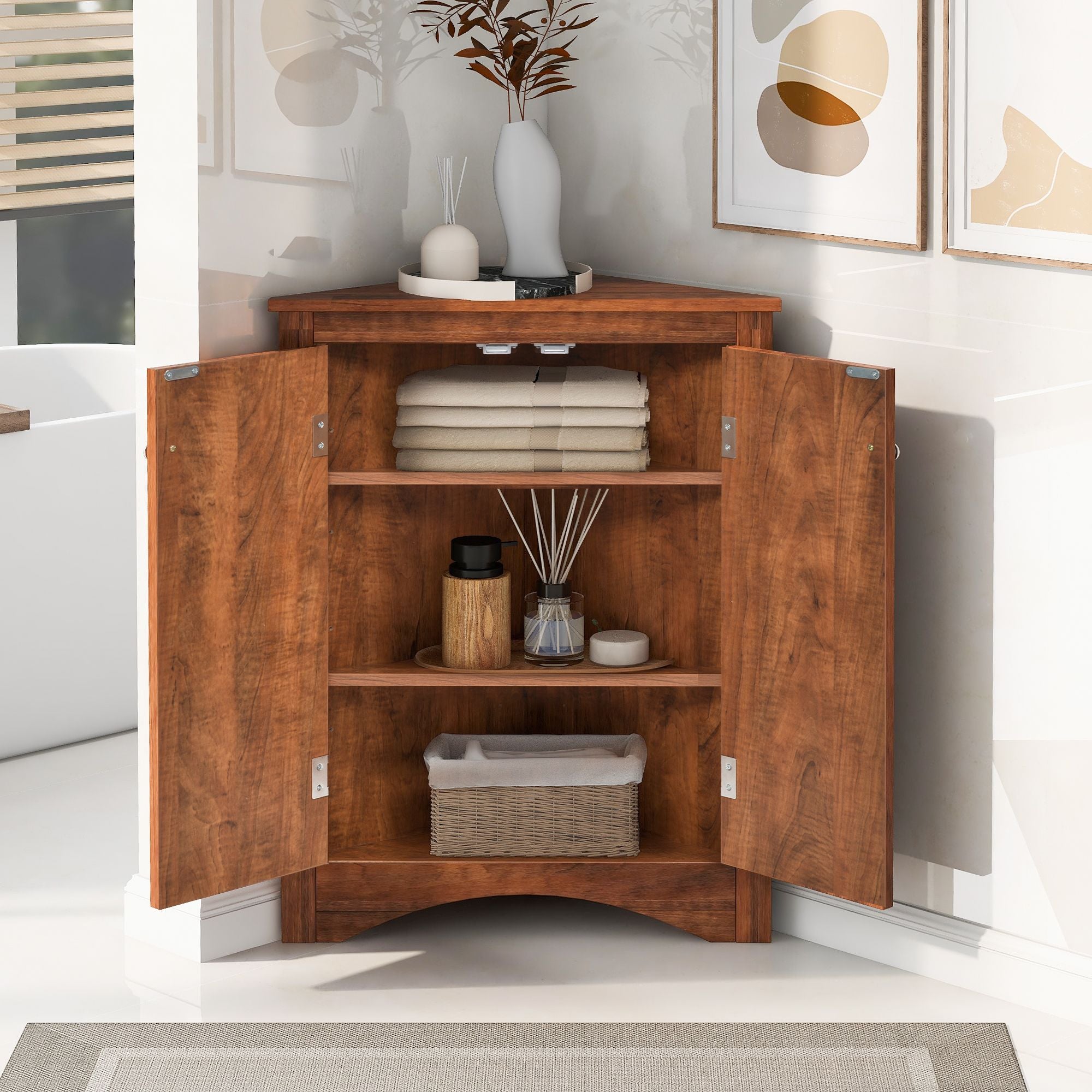 Triangle Bathroom Storage Cabinet with Adjustable Shelves – Freestanding Corner Cabinet