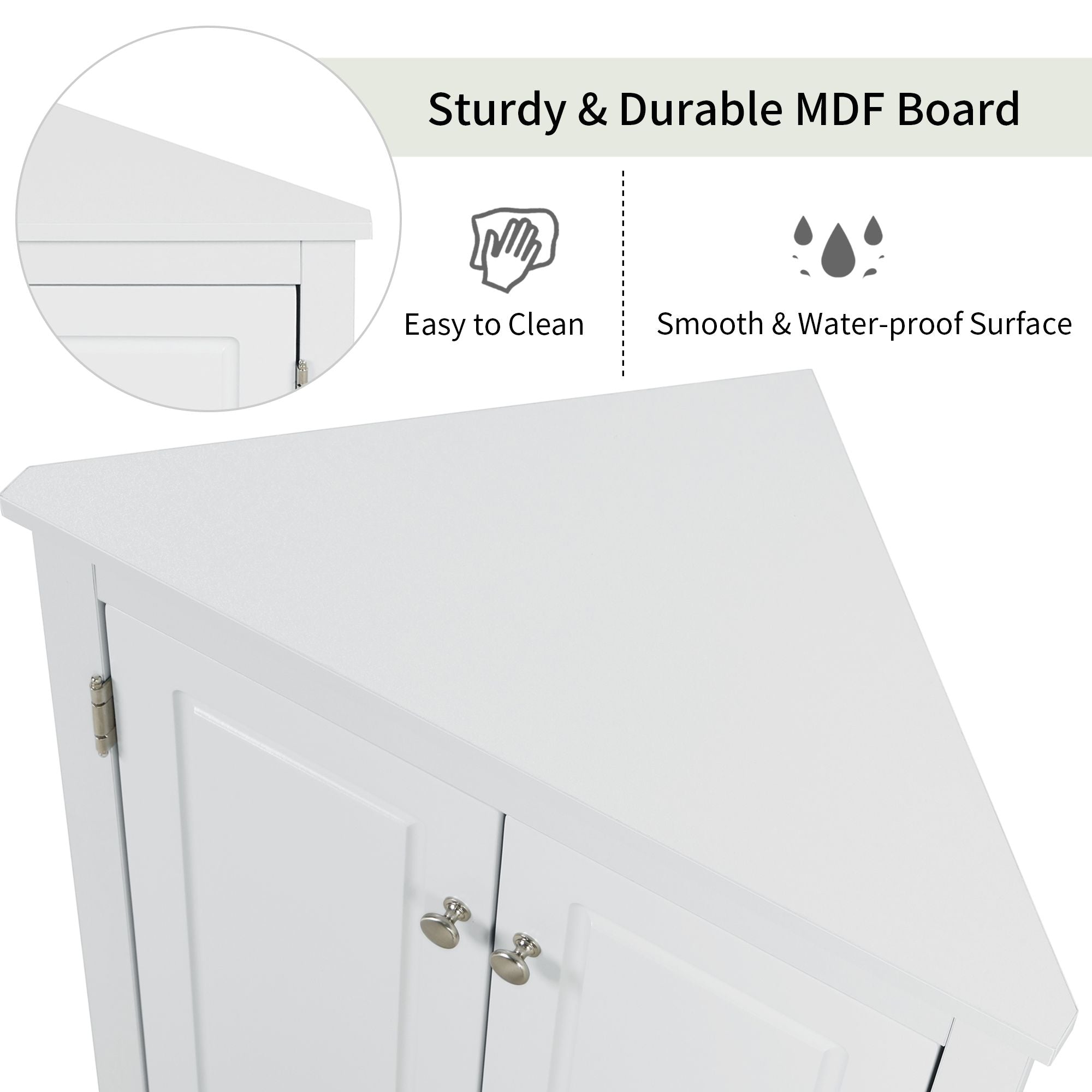 Triangle Corner Bathroom Cabinet with Adjustable Shelves and Brushed Nickel Knobs