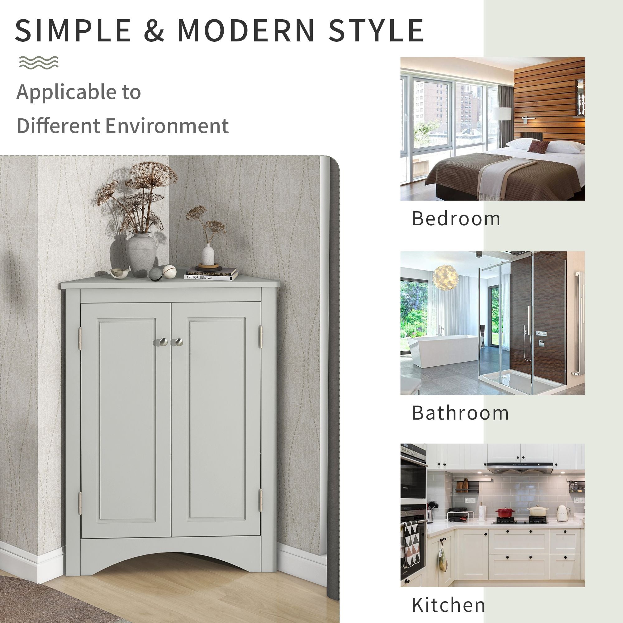 Triangle Corner Bathroom Cabinet with Adjustable Shelves and Brushed Nickel Knobs