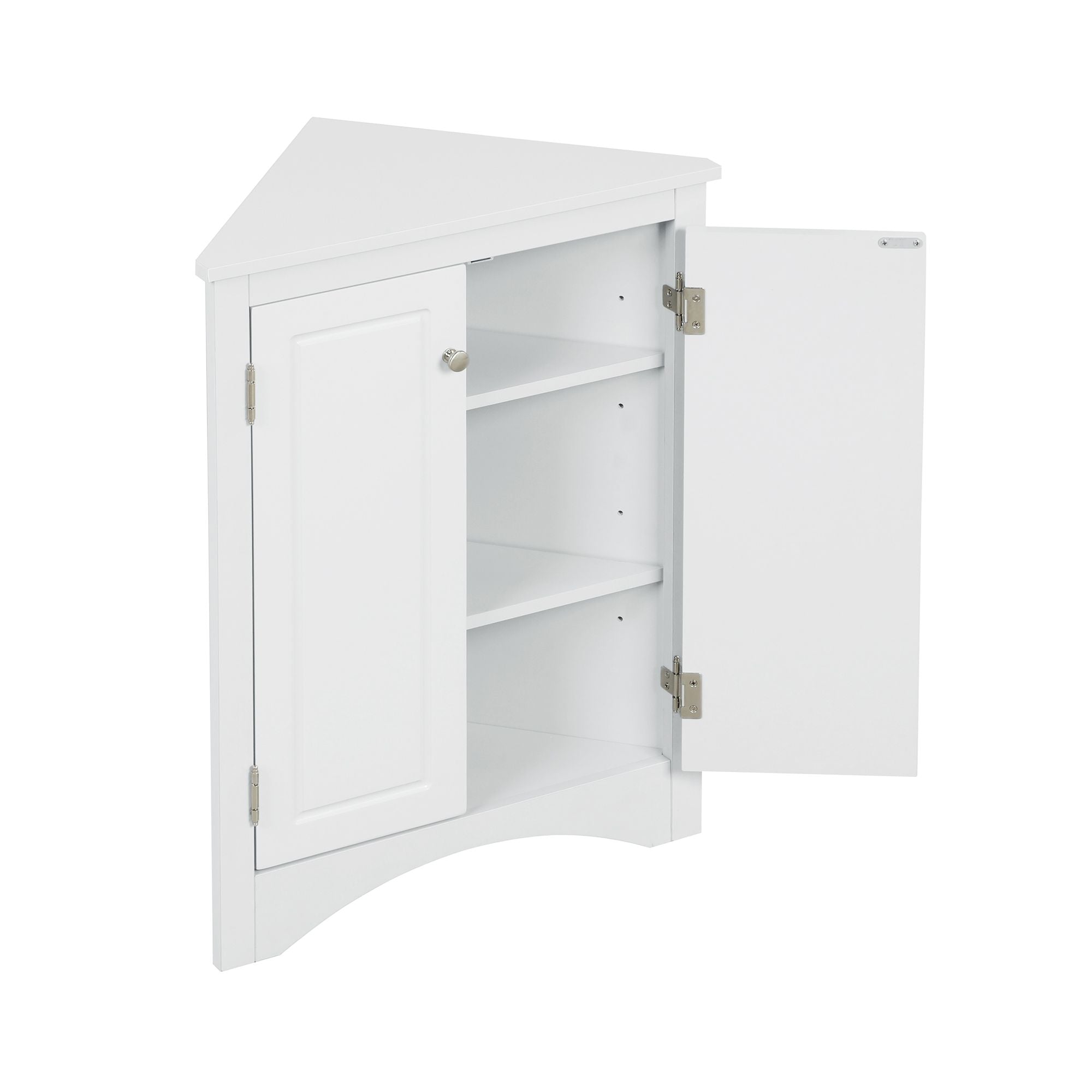 Triangle Corner Bathroom Cabinet with Adjustable Shelves and Brushed Nickel Knobs