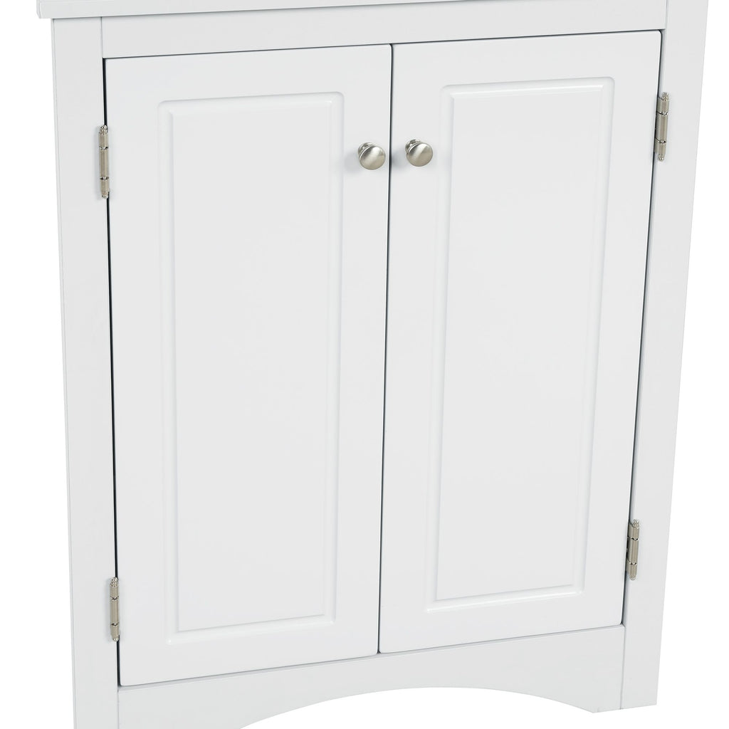 Triangle Corner Bathroom Cabinet with Adjustable Shelves and Brushed Nickel Knobs