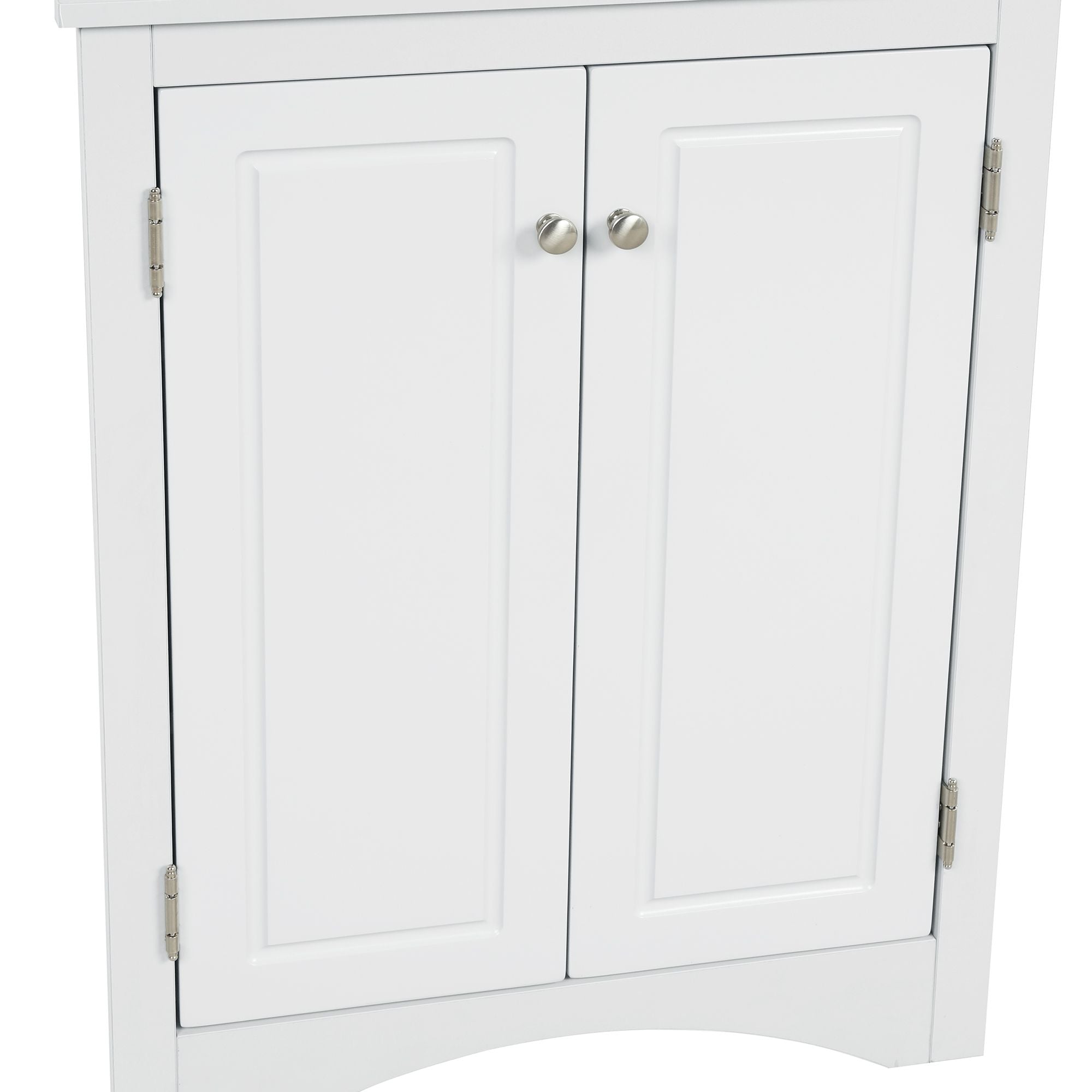 Triangle Corner Bathroom Cabinet with Adjustable Shelves and Brushed Nickel Knobs