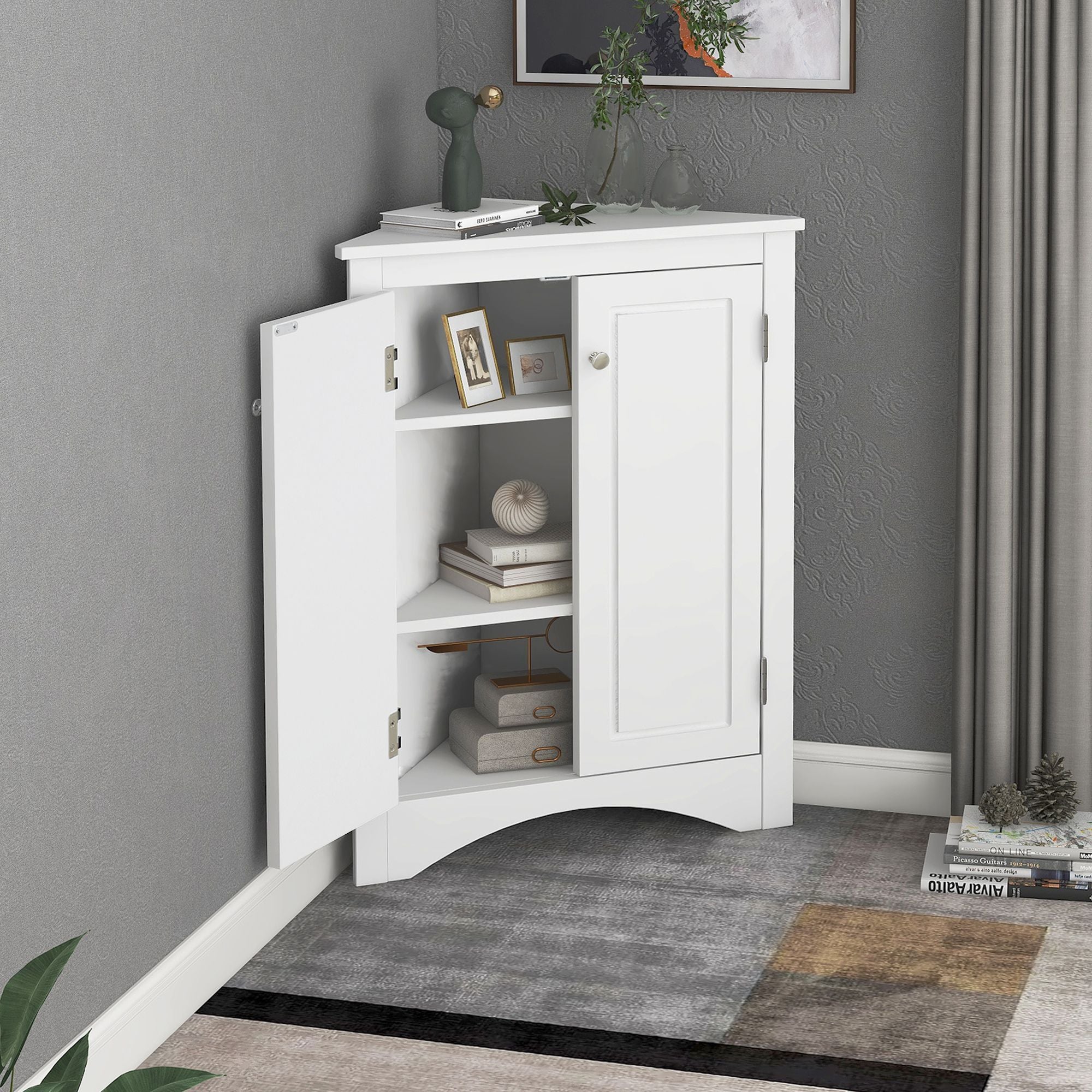 Triangle Corner Bathroom Cabinet with Adjustable Shelves and Brushed Nickel Knobs