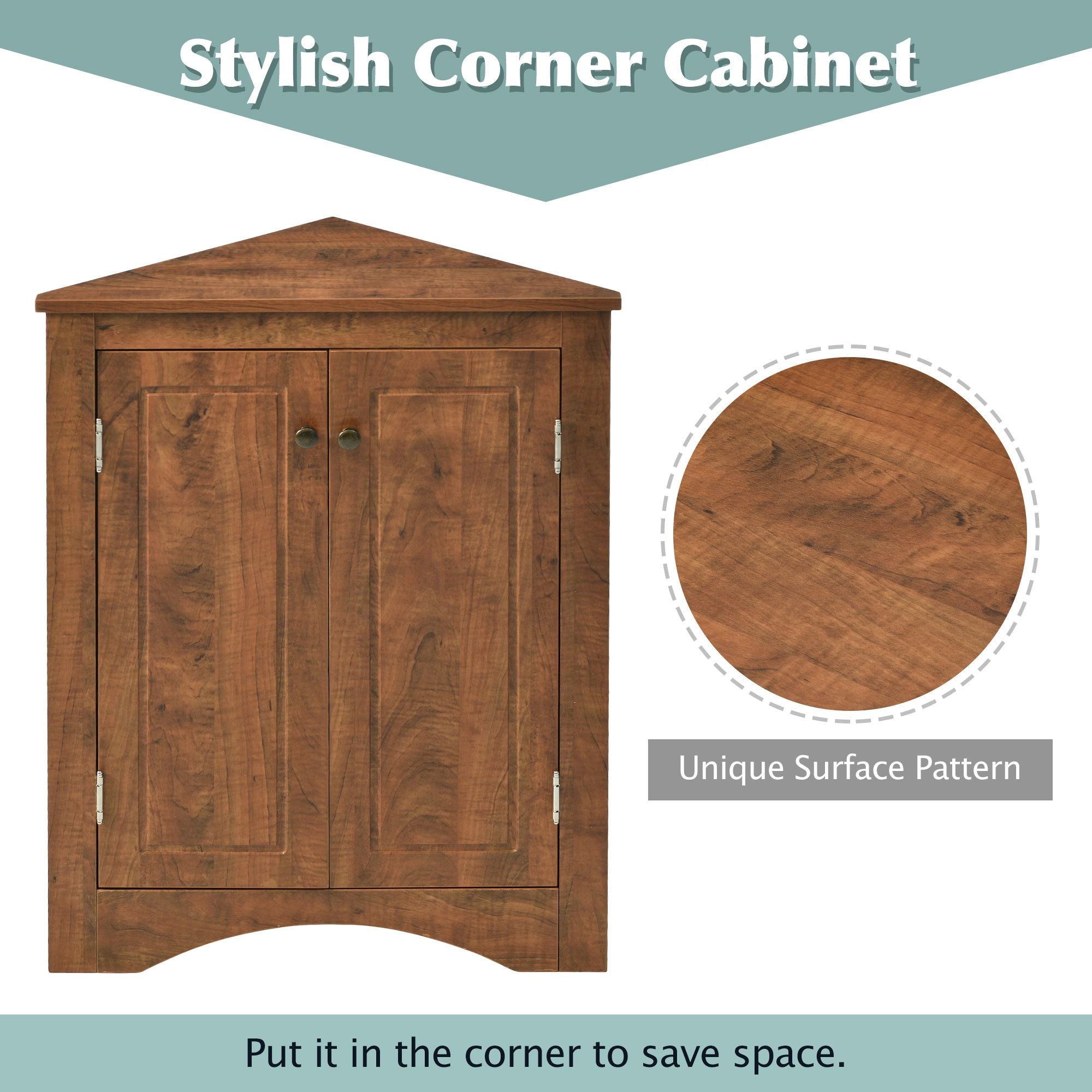 Triangle Corner Bathroom Cabinet with Adjustable Shelves and Brushed Nickel Knobs