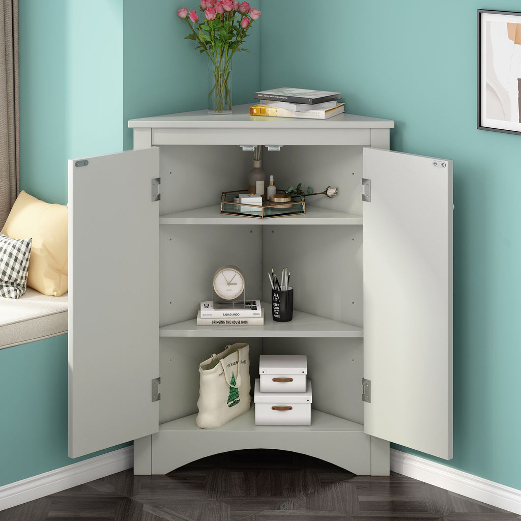 Triangle Corner Bathroom Cabinet with Adjustable Shelves and Brushed Nickel Knobs