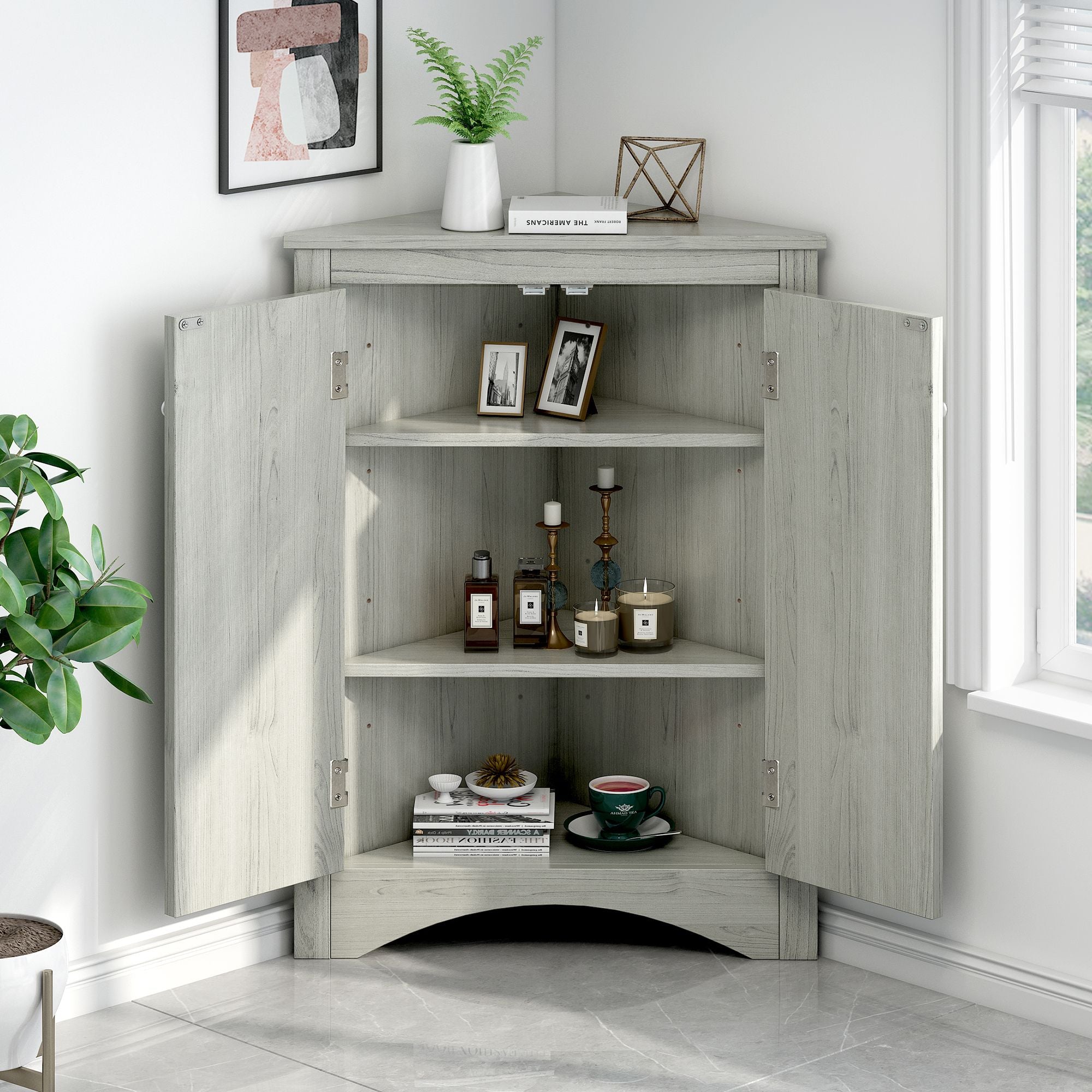 Triangle Corner Bathroom Cabinet with Adjustable Shelves and Brushed Nickel Knobs