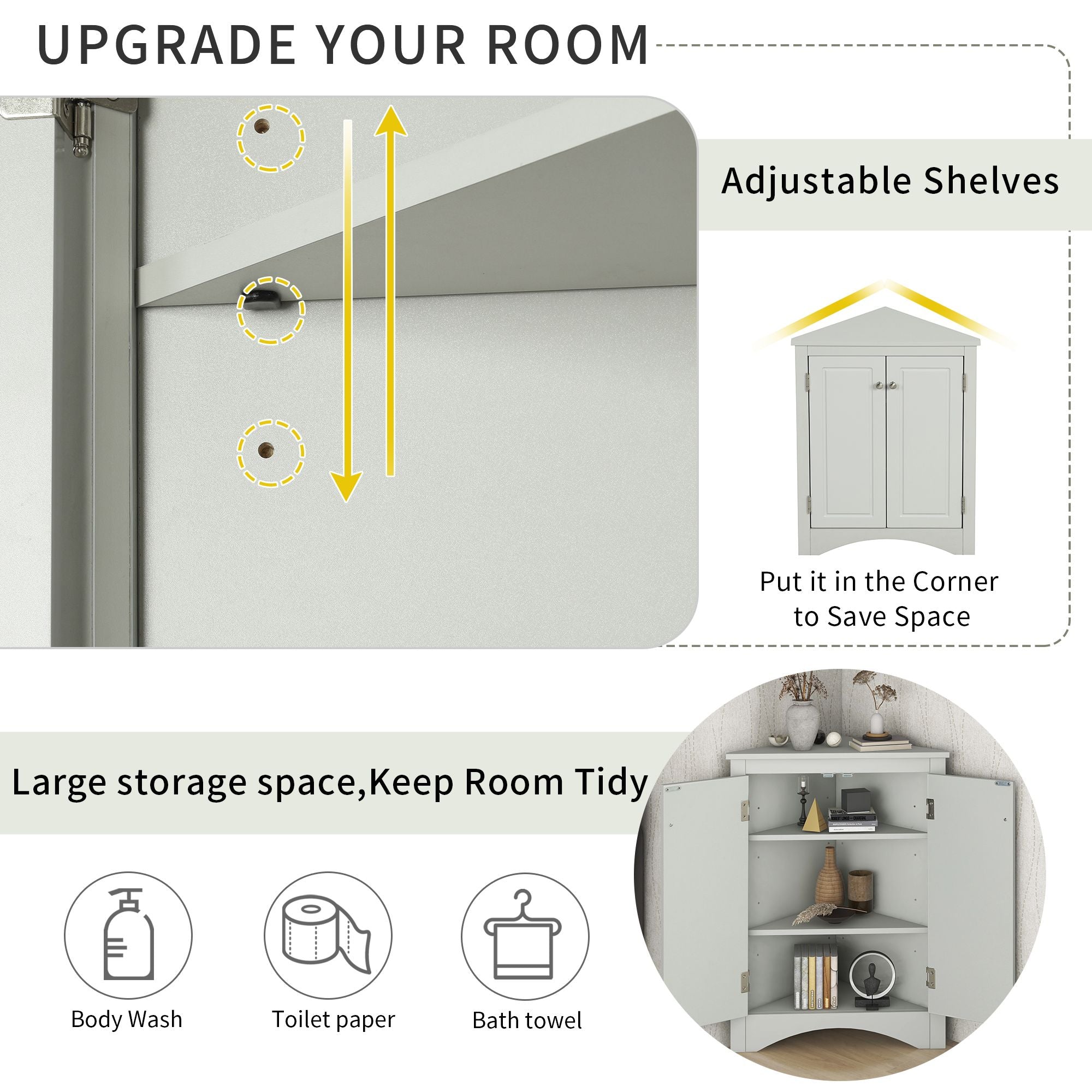 Triangle Corner Bathroom Cabinet with Adjustable Shelves and Brushed Nickel Knobs