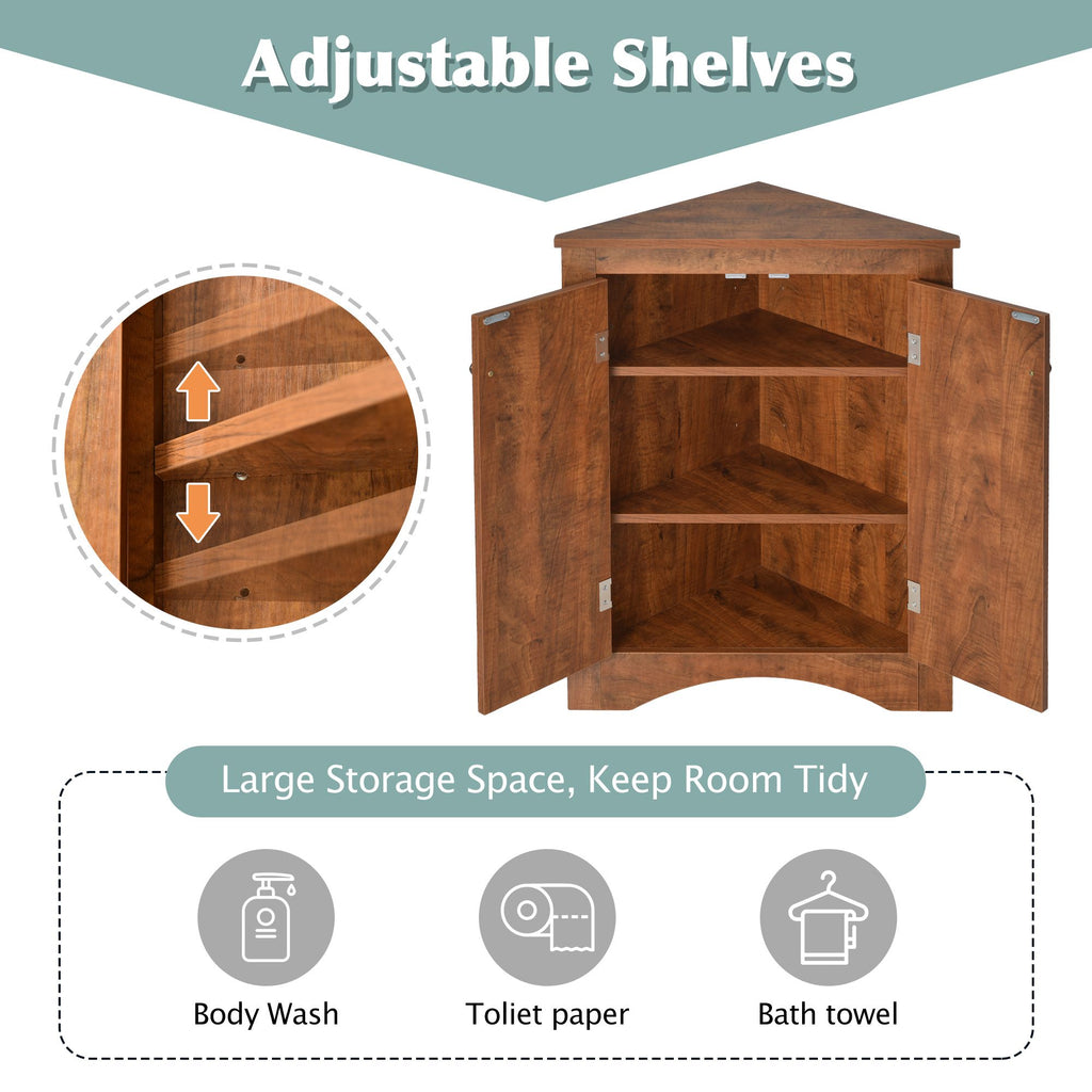 Triangle Corner Bathroom Cabinet with Adjustable Shelves and Brushed Nickel Knobs