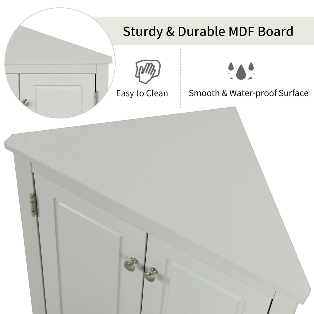 Triangle Corner Bathroom Cabinet with Adjustable Shelves and Brushed Nickel Knobs