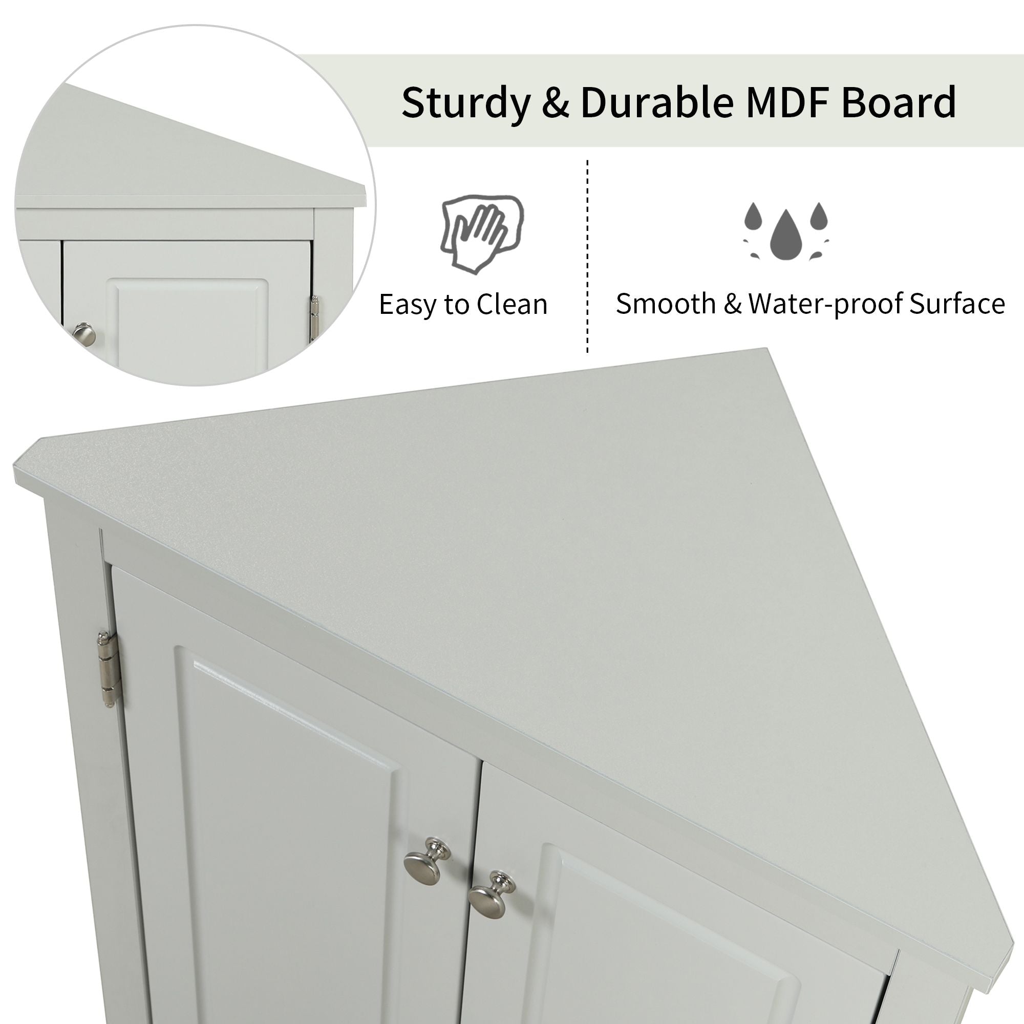 Triangle Corner Bathroom Cabinet with Adjustable Shelves and Brushed Nickel Knobs