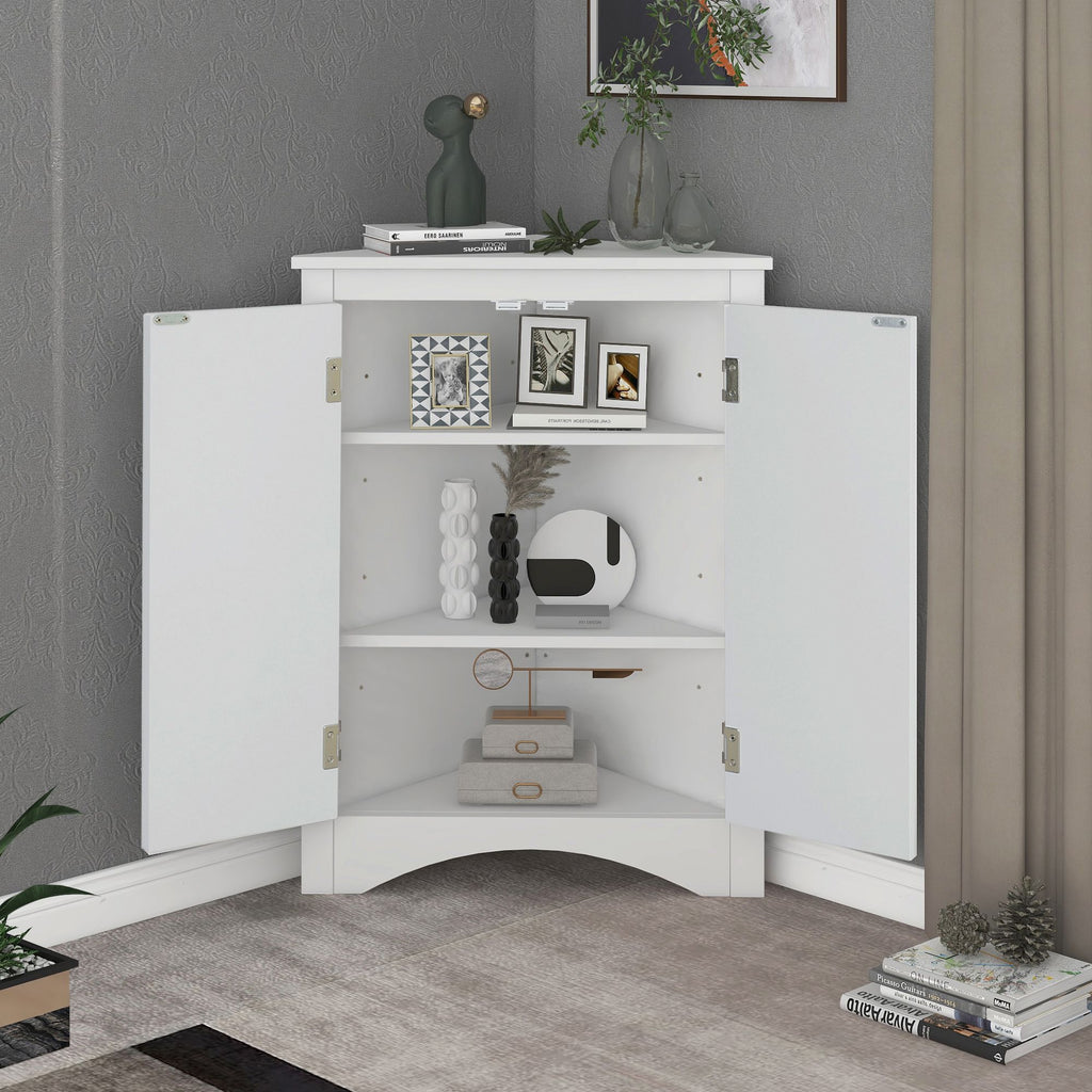 Triangle Corner Bathroom Cabinet with Adjustable Shelves and Brushed Nickel Knobs