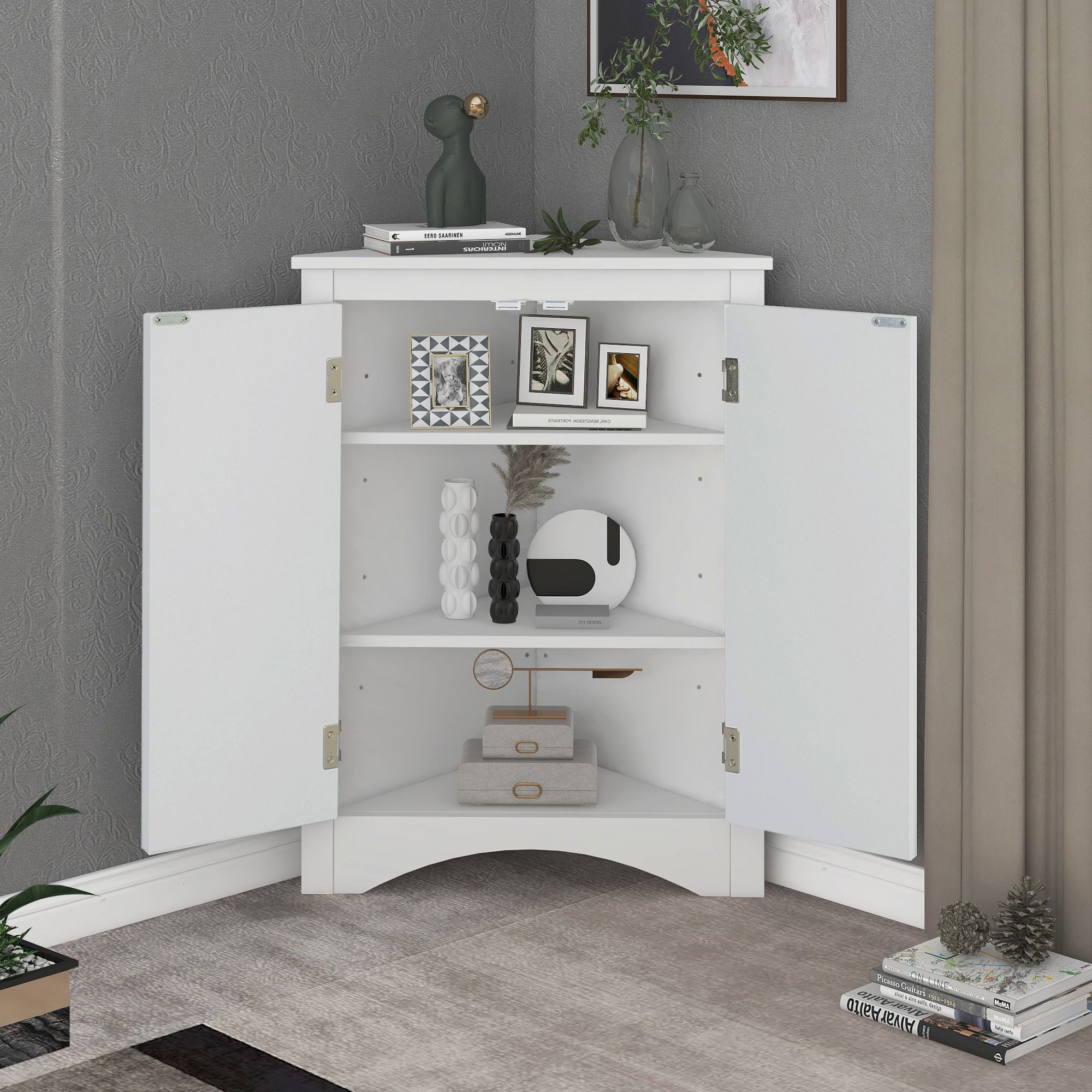 Triangle Corner Bathroom Cabinet with Adjustable Shelves and Brushed Nickel Knobs