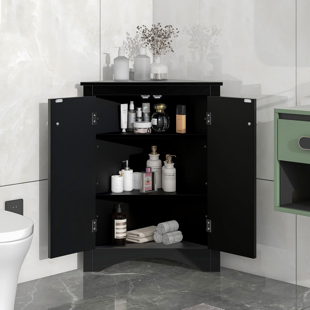 Triangle Corner Bathroom Cabinet with Adjustable Shelves and Brushed Nickel Knobs