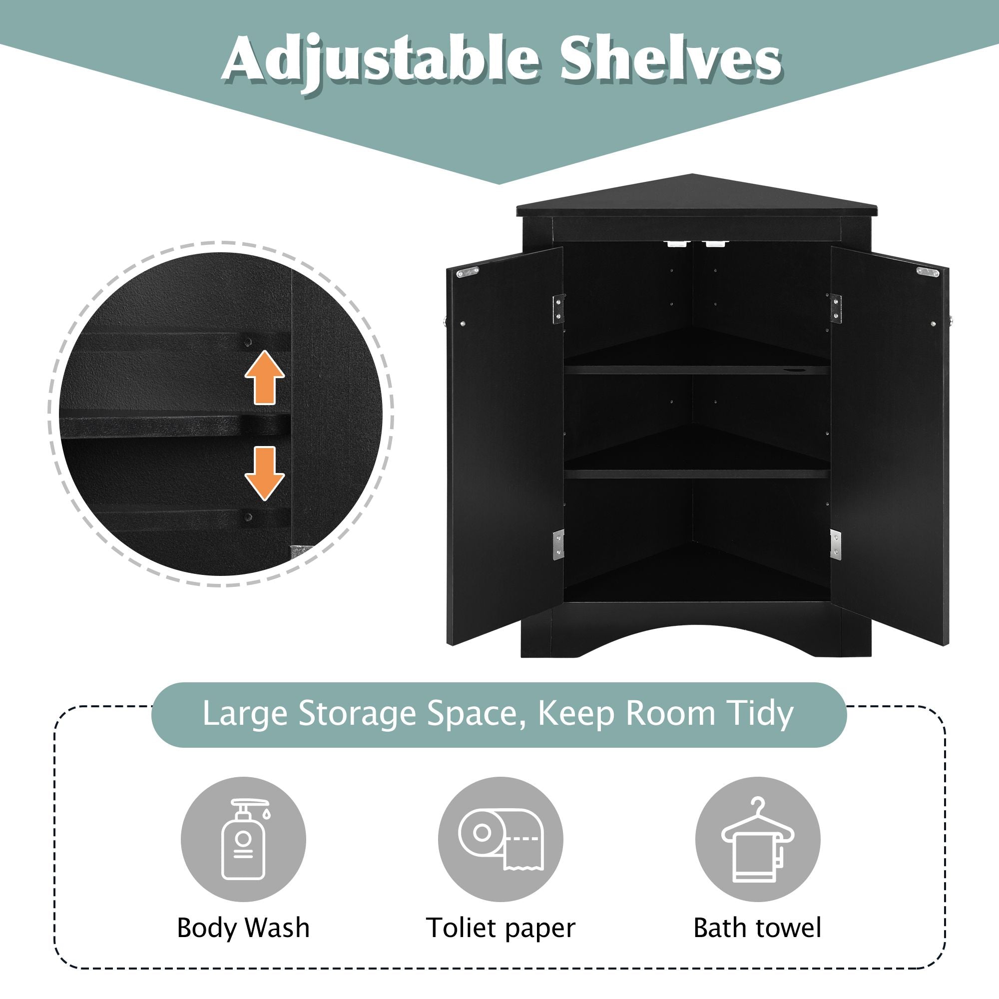 Triangle Corner Bathroom Cabinet with Adjustable Shelves and Brushed Nickel Knobs