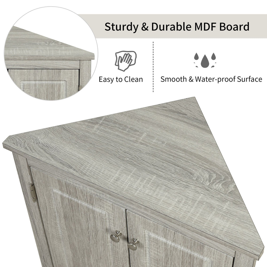 Triangle Corner Bathroom Cabinet with Adjustable Shelves and Brushed Nickel Knobs