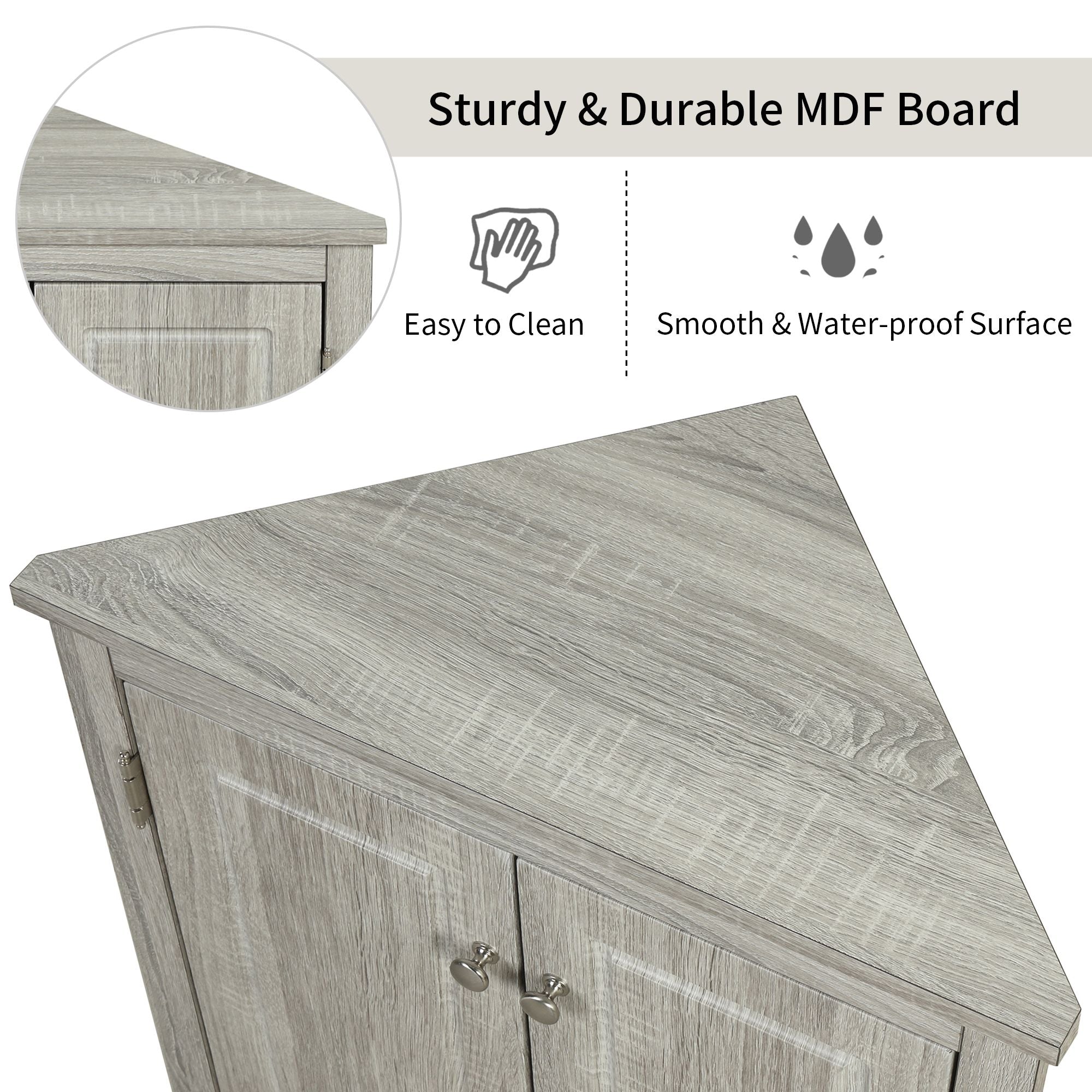 Triangle Corner Bathroom Cabinet with Adjustable Shelves and Brushed Nickel Knobs