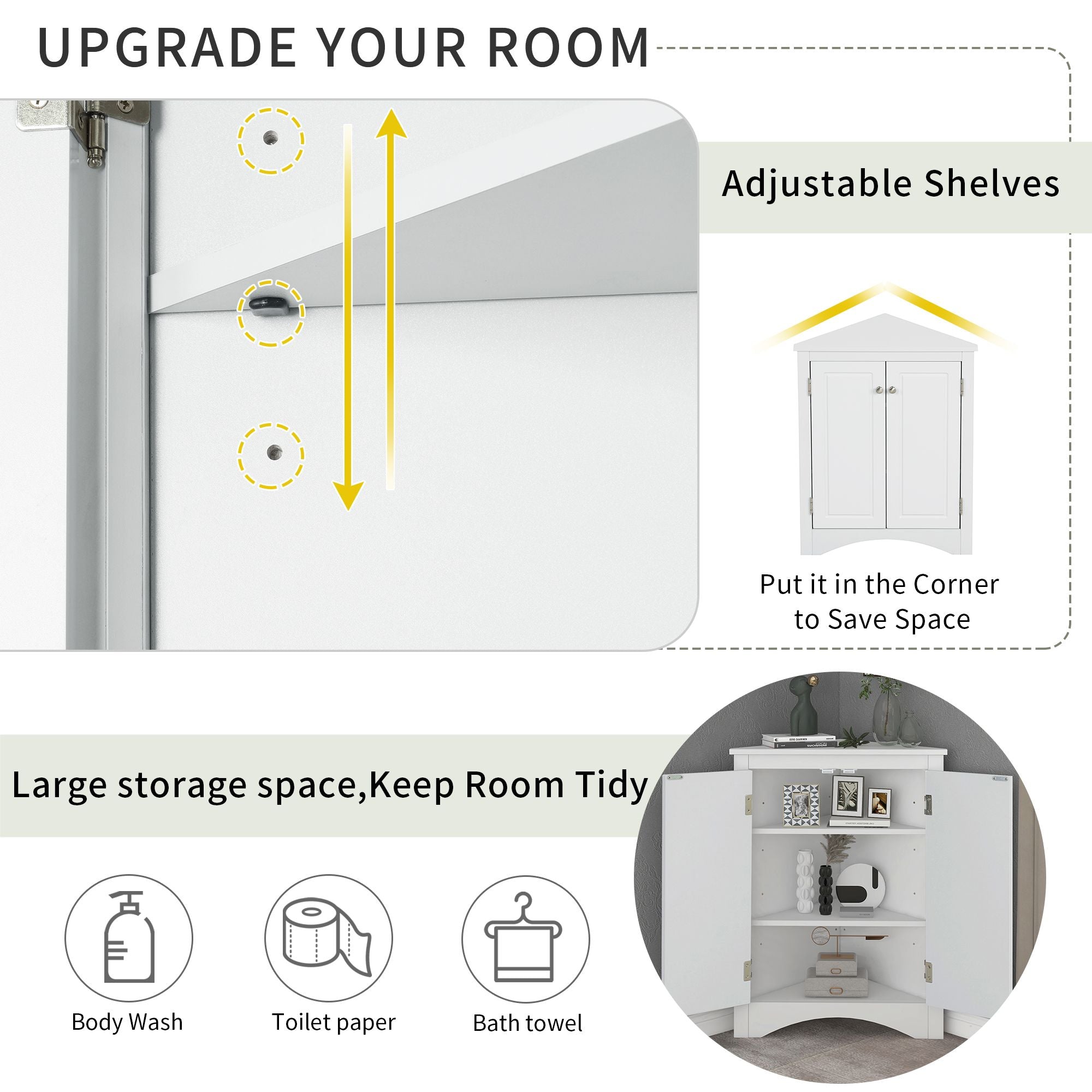 Triangle Corner Bathroom Cabinet with Adjustable Shelves and Brushed Nickel Knobs
