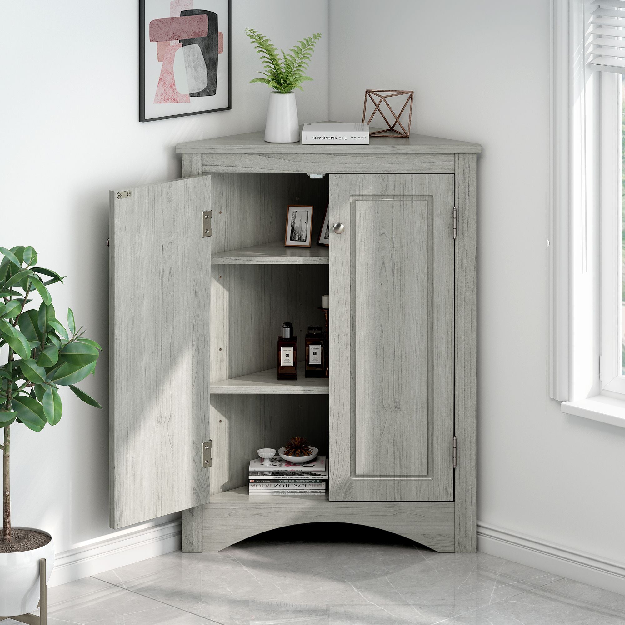 Triangle Corner Bathroom Cabinet with Adjustable Shelves and Brushed Nickel Knobs