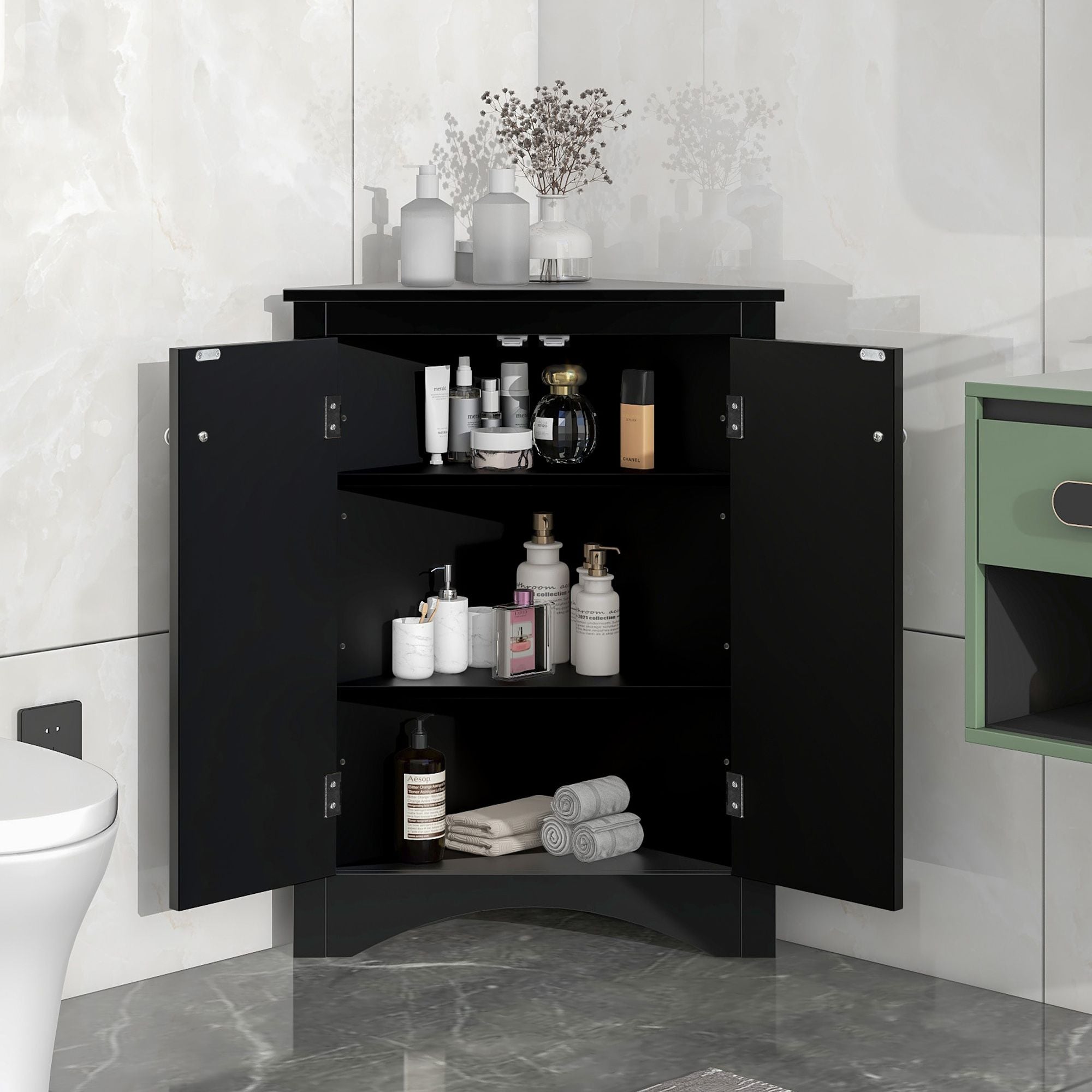 Triangle Corner Bathroom Cabinet with Adjustable Shelves and Brushed Nickel Knobs