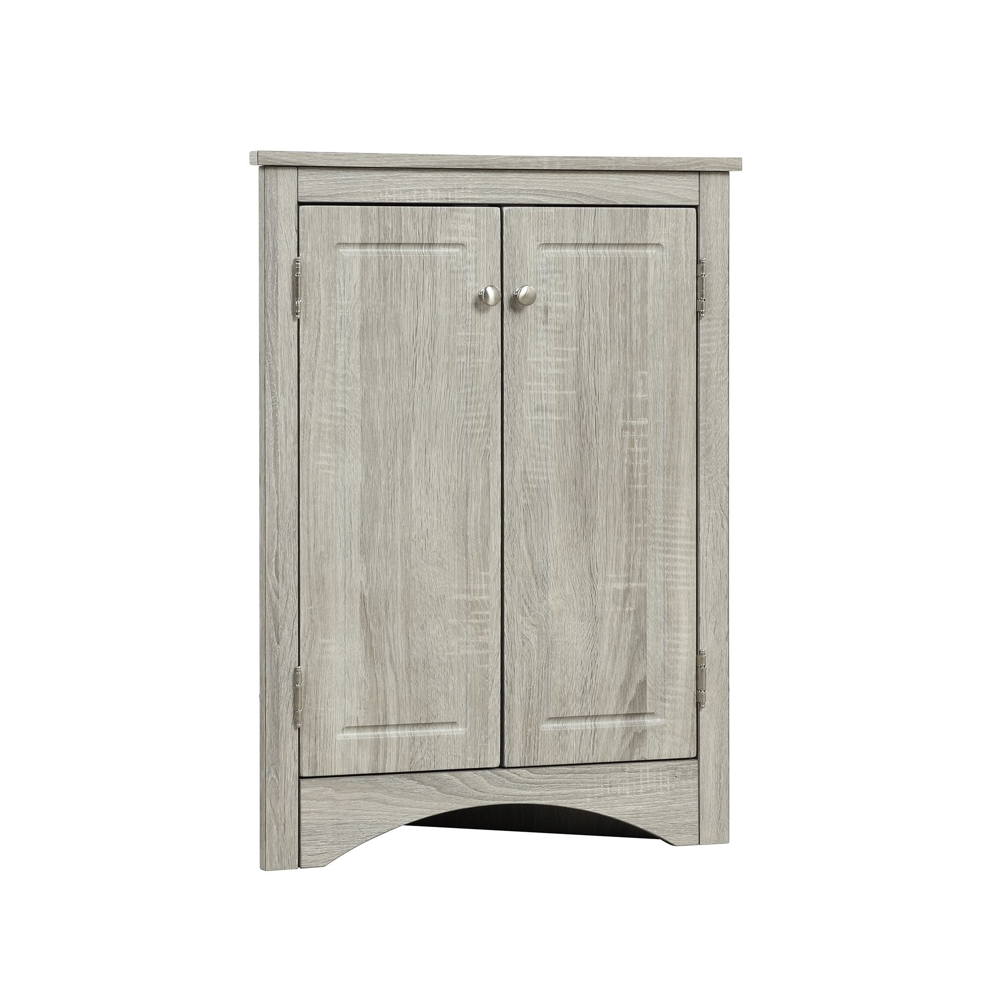 Triangle Corner Bathroom Cabinet with Adjustable Shelves and Brushed Nickel Knobs