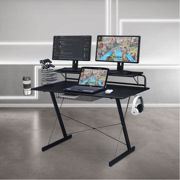 Carbon Fiber Gaming Desk with Shelving and Cup Holder