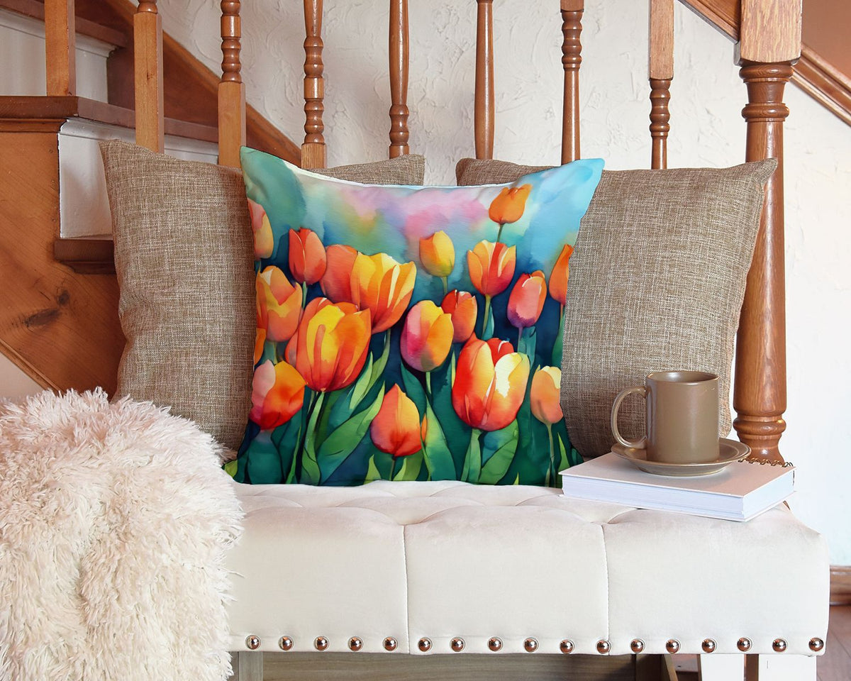 Tulips in Watercolor Indoor-Outdoor Throw Pillow