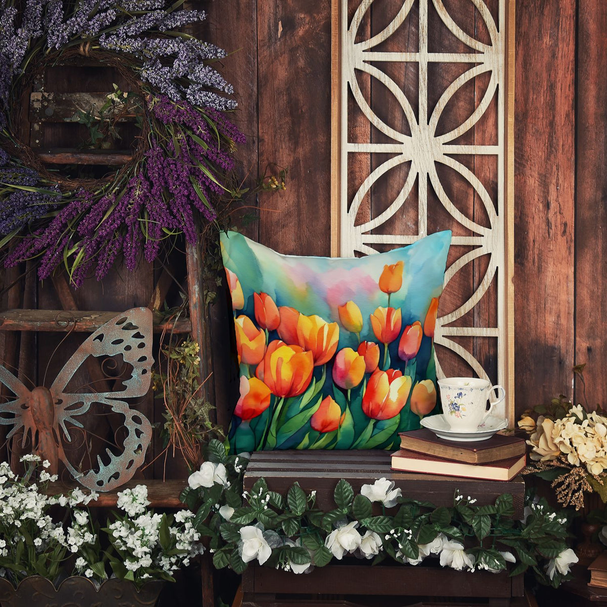 Tulips in Watercolor Indoor-Outdoor Throw Pillow