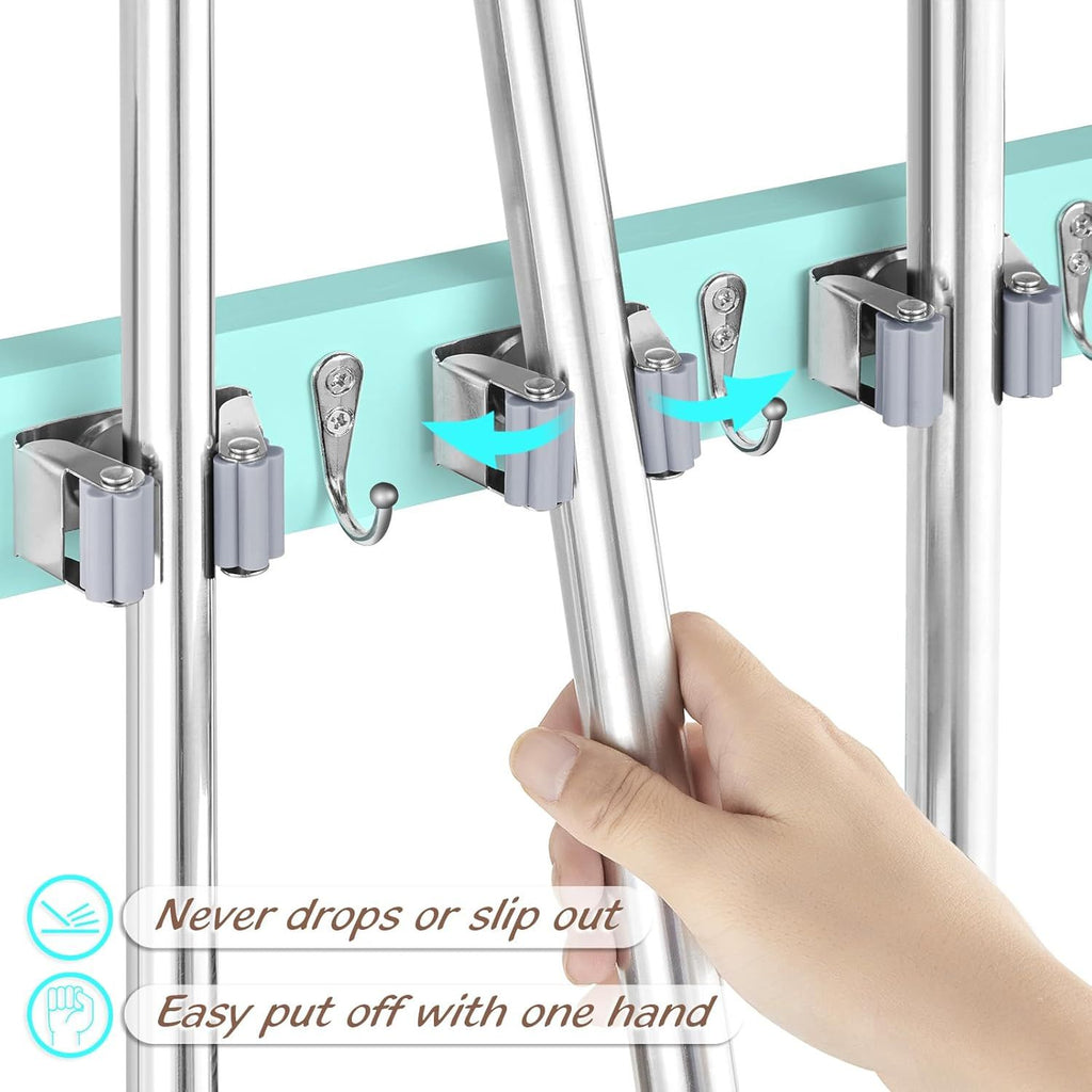 Turquoise Broom and Mop Holder for Wall Mounting with 4 Slots and 4 Hooks