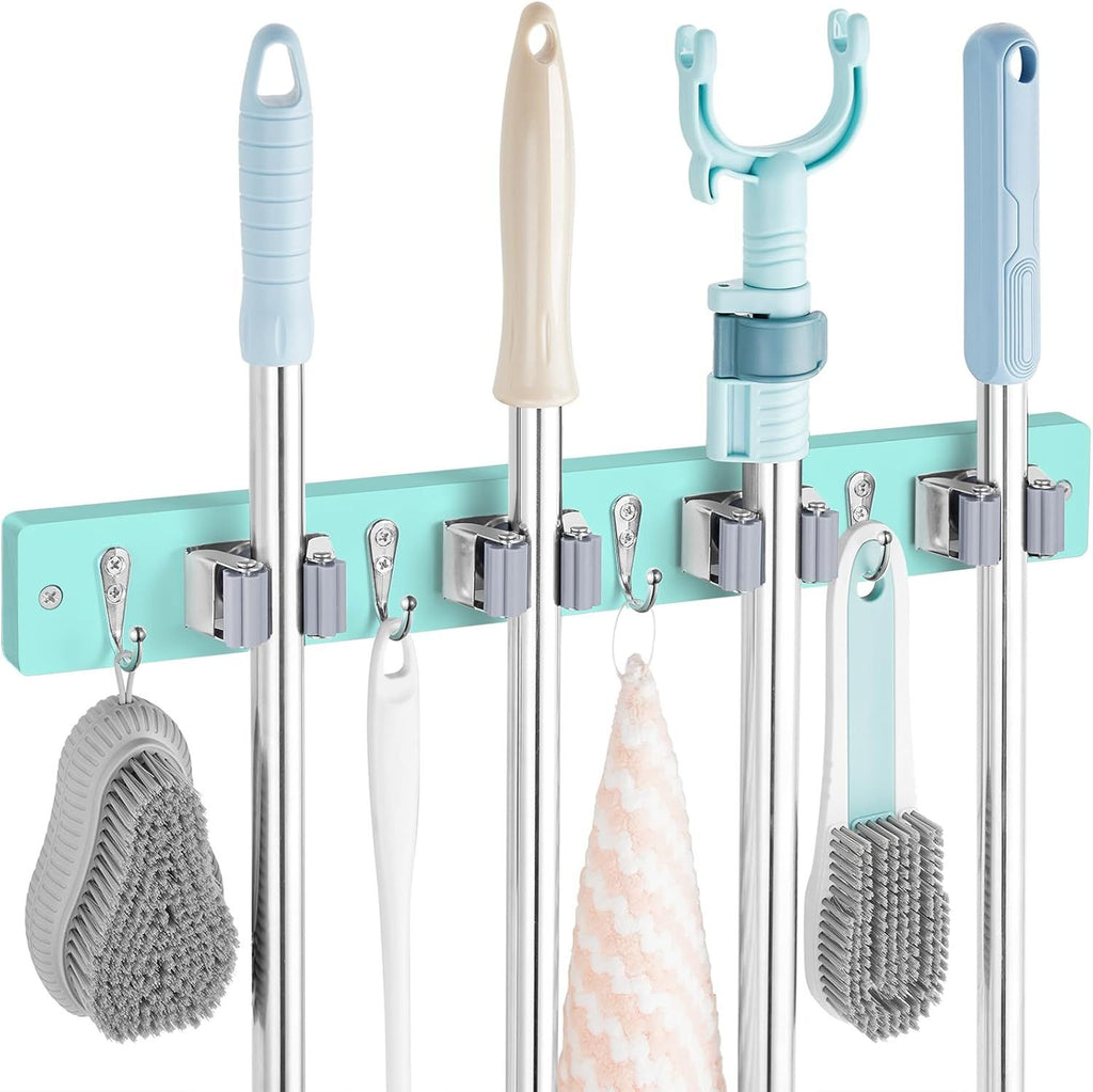 Turquoise Broom and Mop Holder for Wall Mounting with 4 Slots and 4 Hooks