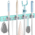 Turquoise Broom and Mop Holder for Wall Mounting with 4 Slots and 4 Hooks