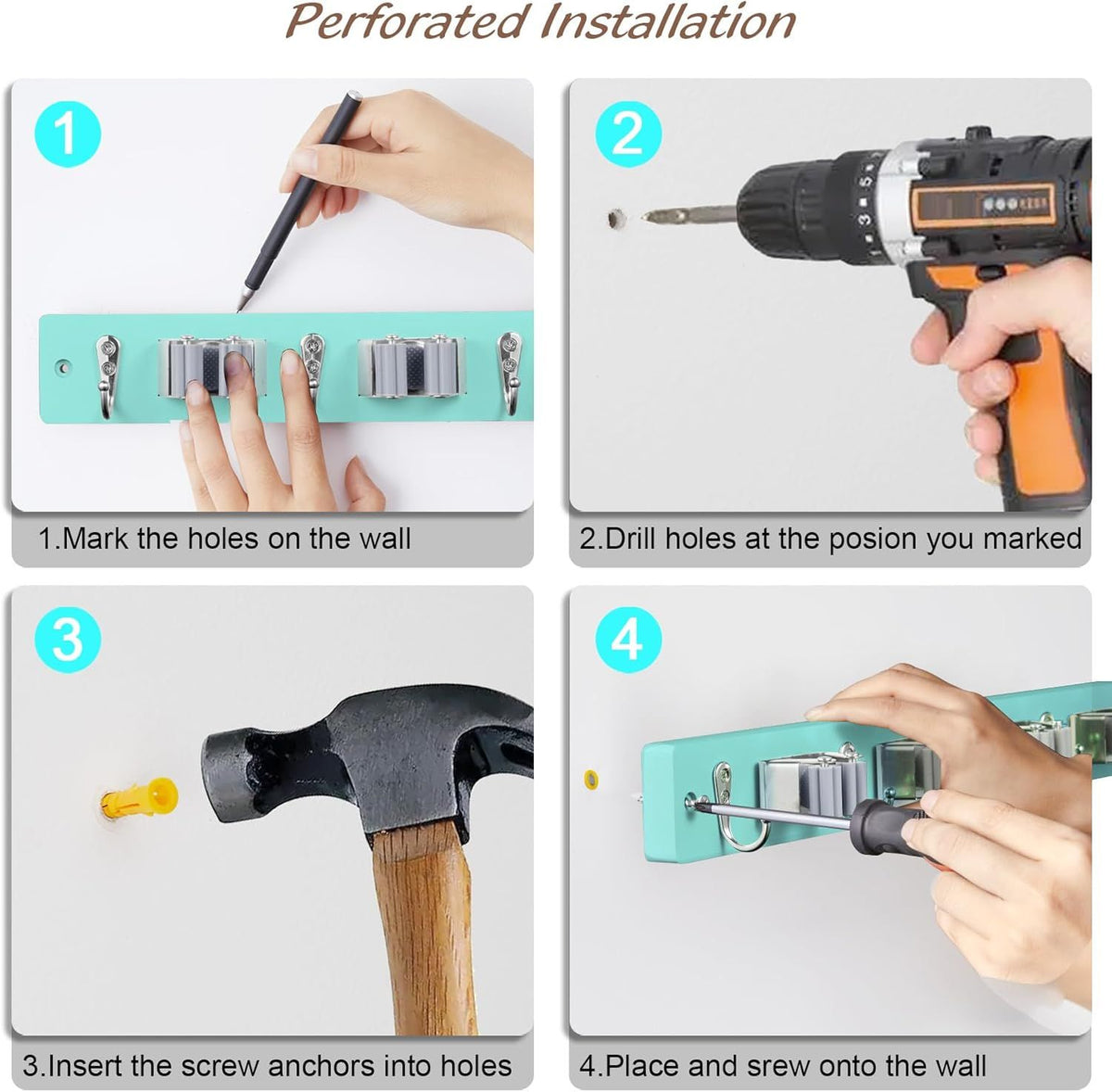 Turquoise Broom and Mop Holder for Wall Mounting with 4 Slots and 4 Hooks