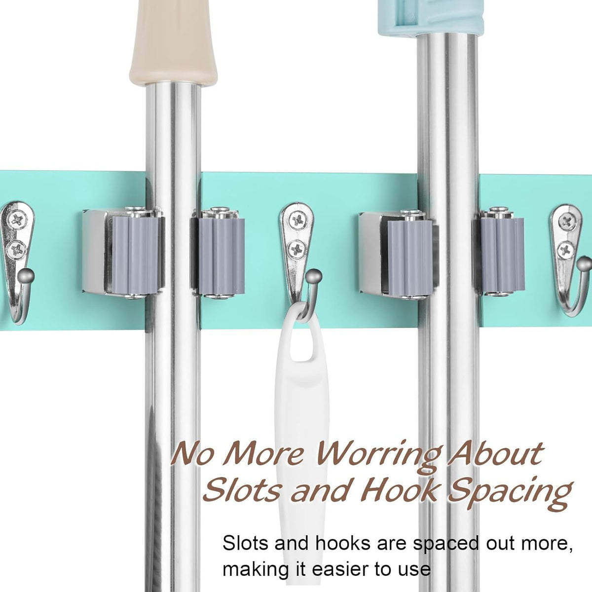 Turquoise Broom and Mop Holder for Wall Mounting with 4 Slots and 4 Hooks