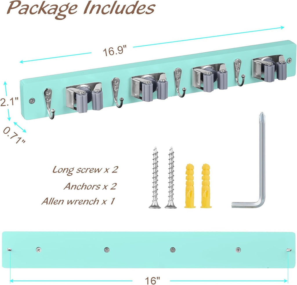 Turquoise Broom and Mop Holder for Wall Mounting with 4 Slots and 4 Hooks