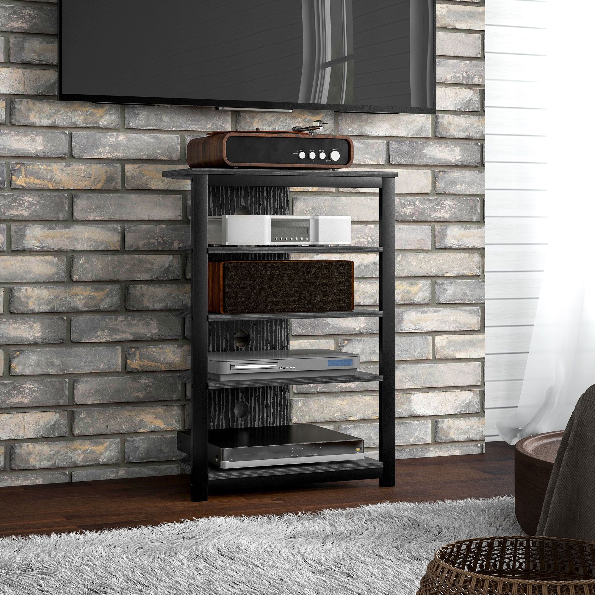 Corner Entertainment Center with Shelves and Cable Management