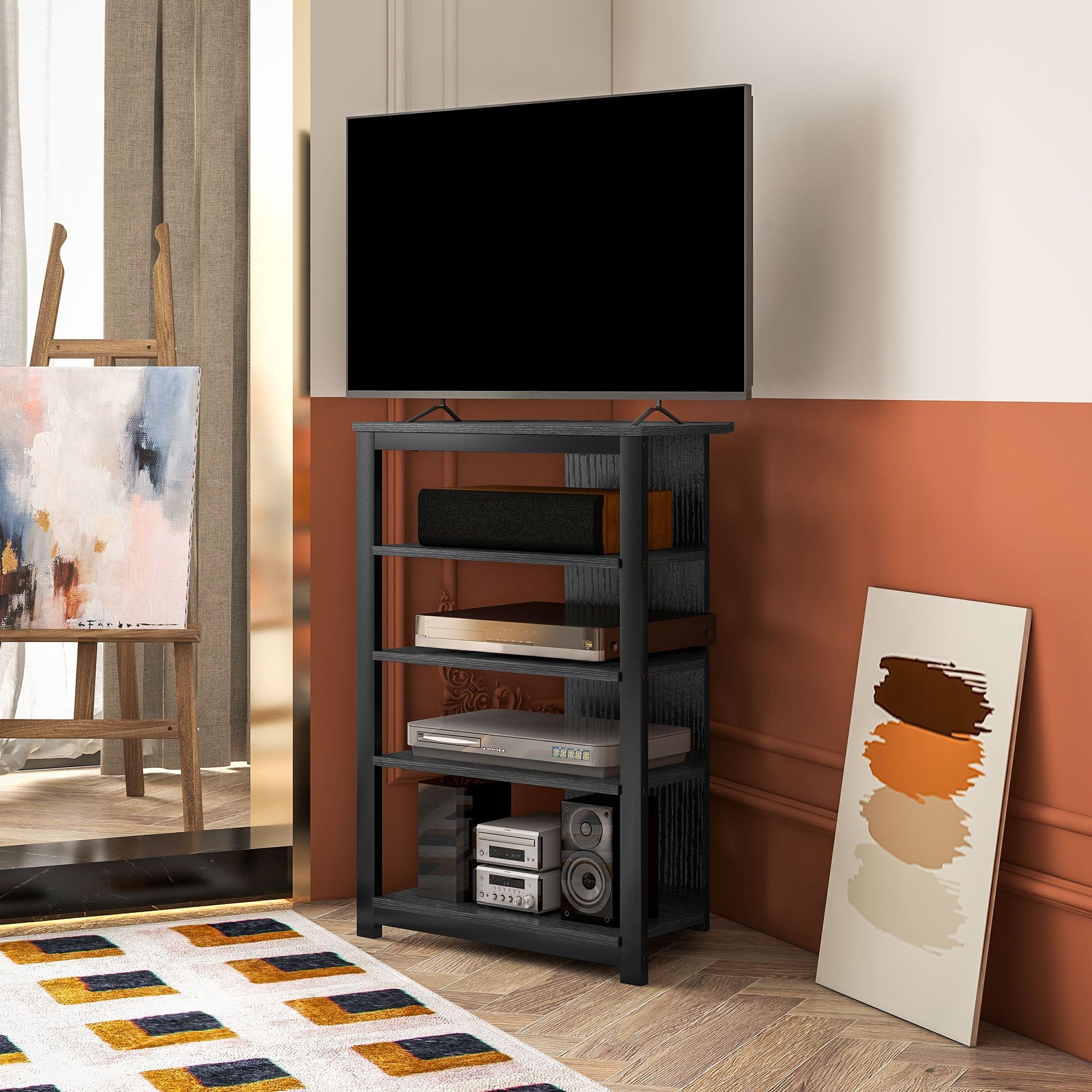 Corner Entertainment Center with Shelves and Cable Management