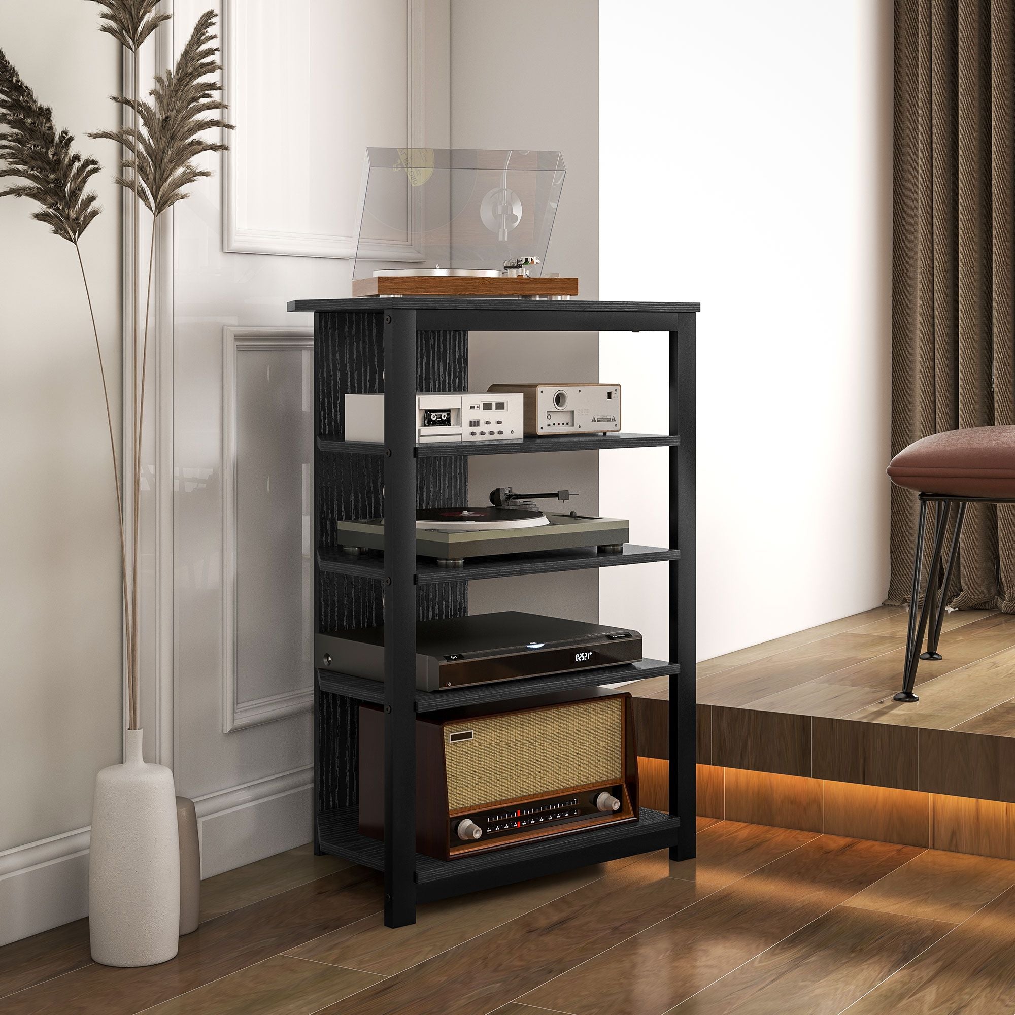 Corner Entertainment Center with Shelves and Cable Management