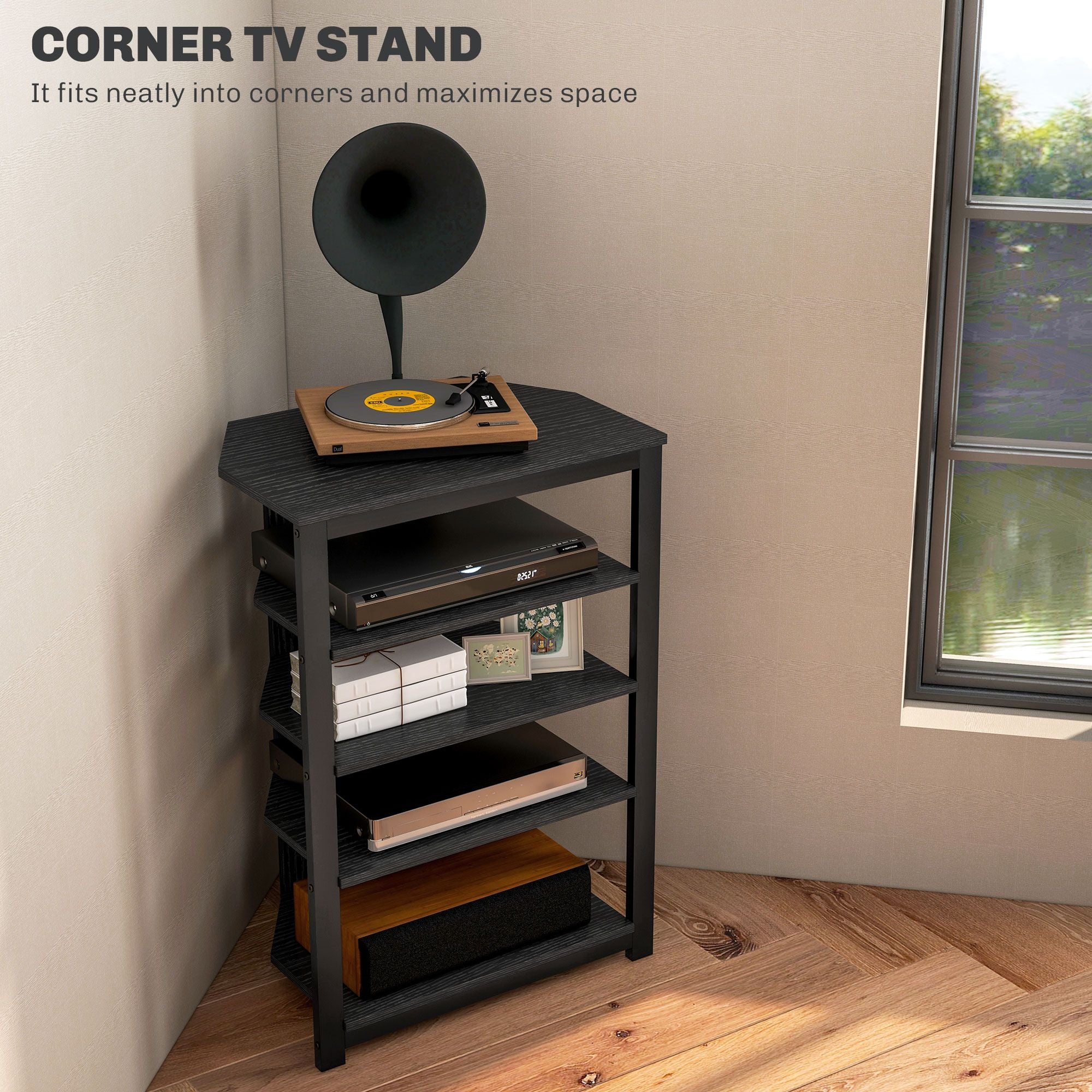 Corner Entertainment Center with Shelves and Cable Management